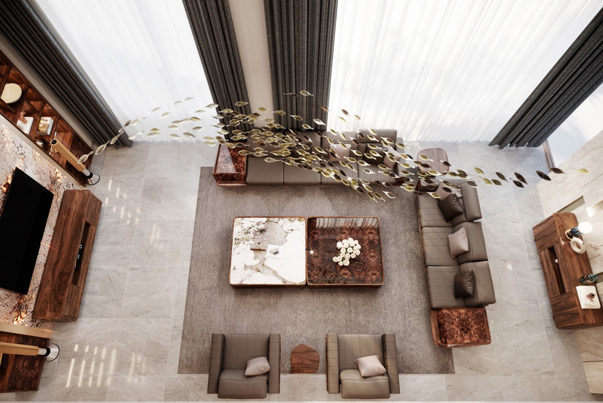 Mẫu thiết kế nội thất phòng khách đẹp với gỗ tự nhiên nâu đậm