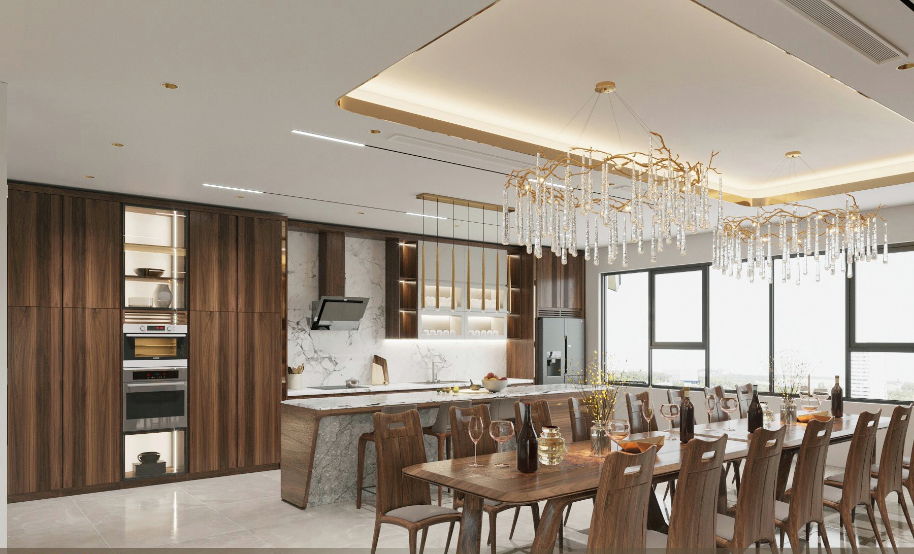 Mẫu thiết kế phòng bếp diện tích lớn, tủ bếp chữ I và bàn ăn 16 ghế