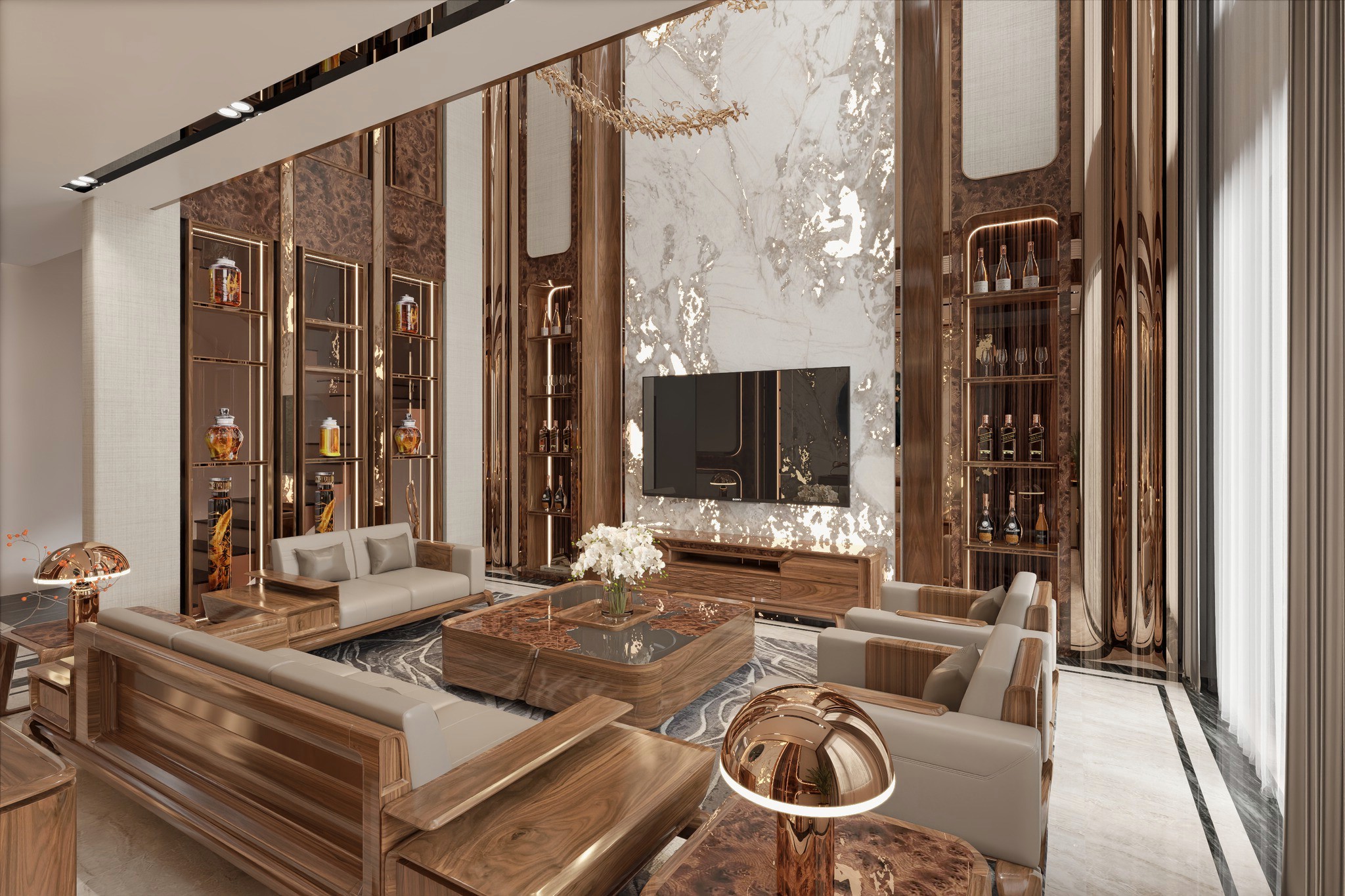 Mẫu thiết kế phòng khách đẹp hiện đại với sofa gỗ và bàn trà epoxy