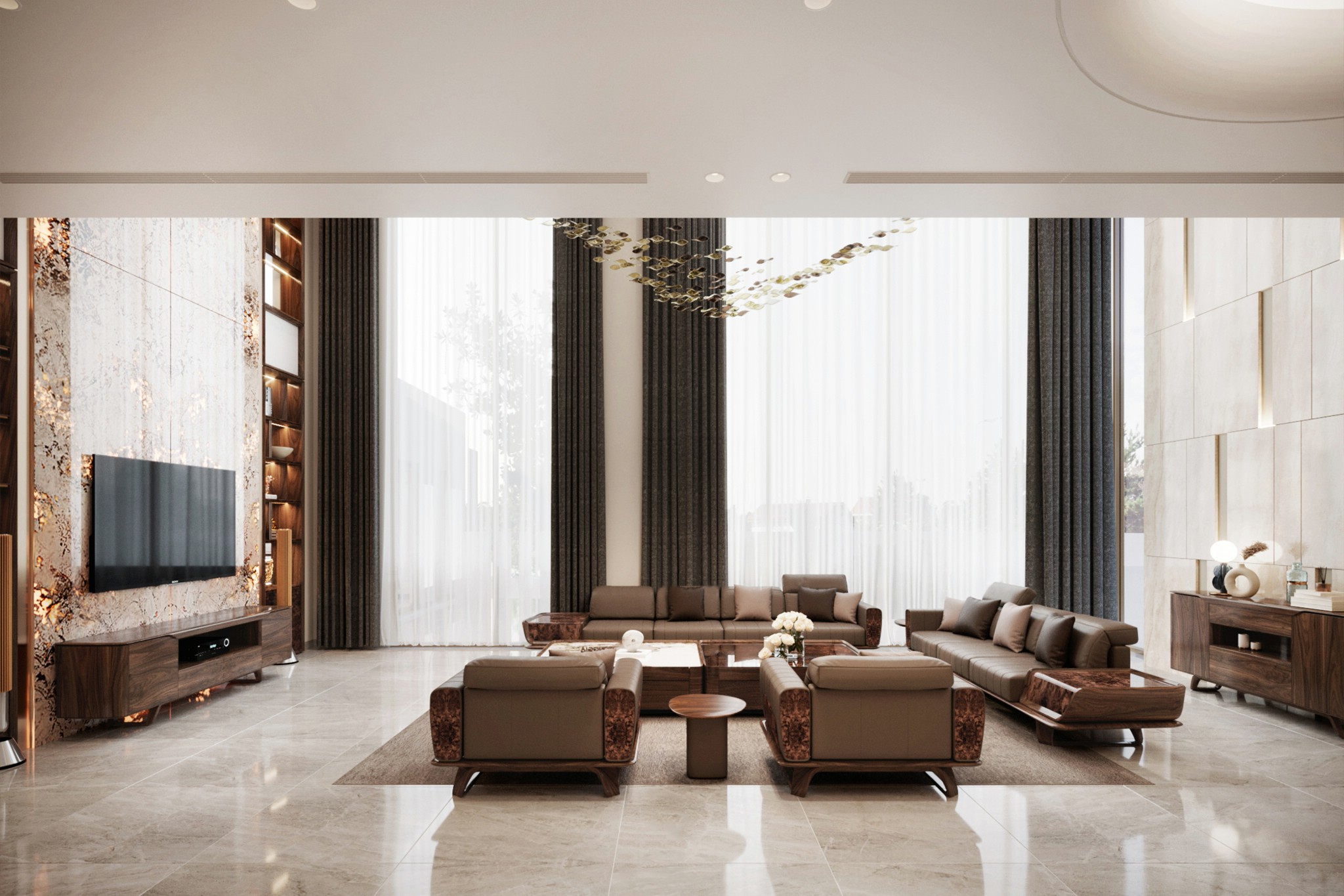 Mẫu thiết kế phòng khách đẹp với sofa gỗ và kệ tivi cong nhẹ hiện đại Mẫu thiết kế phòng khách đẹp với sofa gỗ và kệ tivi cong nhẹ hiện đại