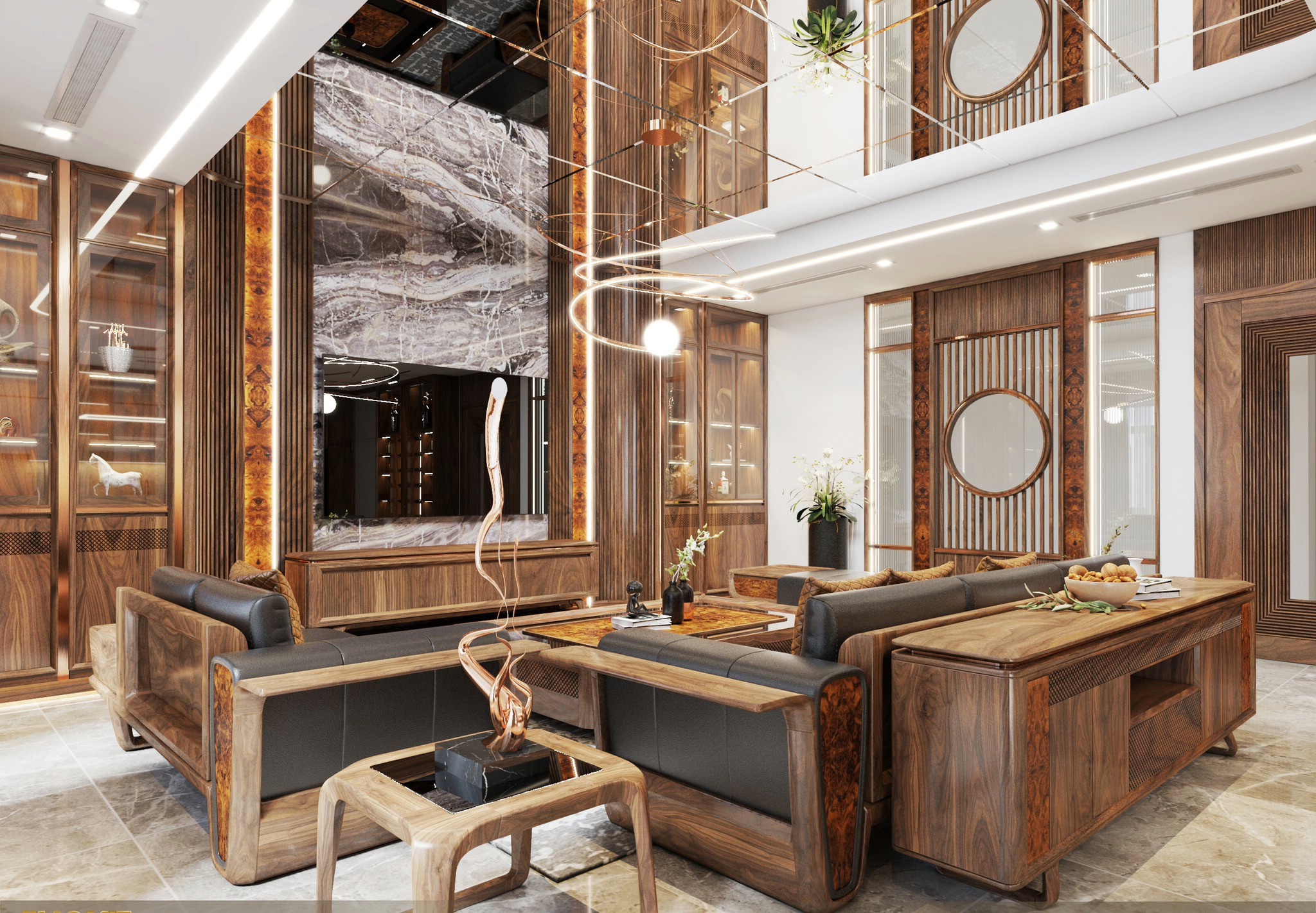 Mẫu thiết kế phòng khách hiện đại bằng gỗ óc chó tự nhiên màu nâu đậm và sofa da đen sang trọng Mẫu thiết kế phòng khách hiện đại bằng gỗ óc chó tự nhiên màu nâu đậm và sofa da đen sang trọng