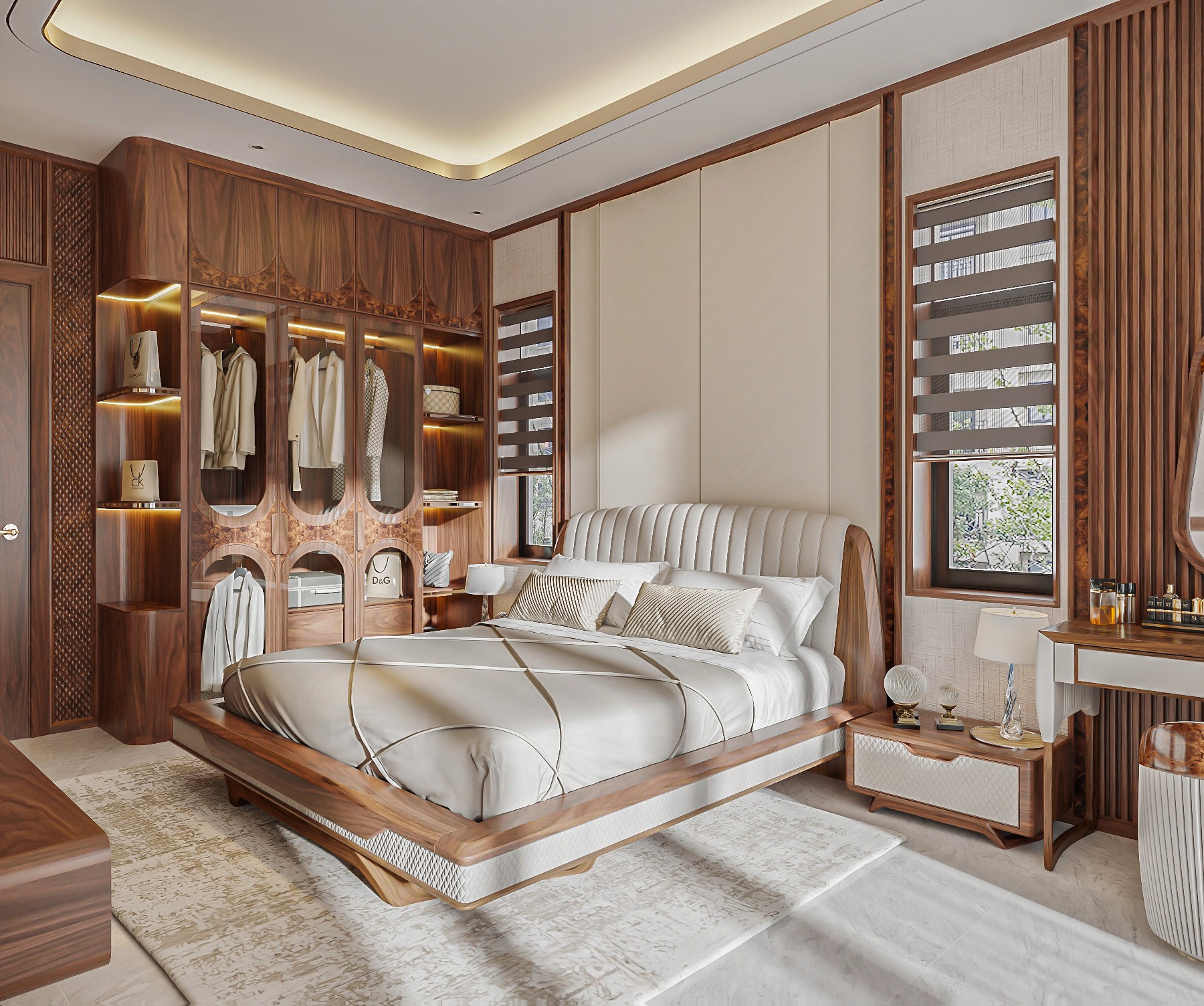 Mẫu thiết kế phòng ngủ đẹp hiện đại với tủ quần áo kính kịch trần hai kệ trang trí hai bên