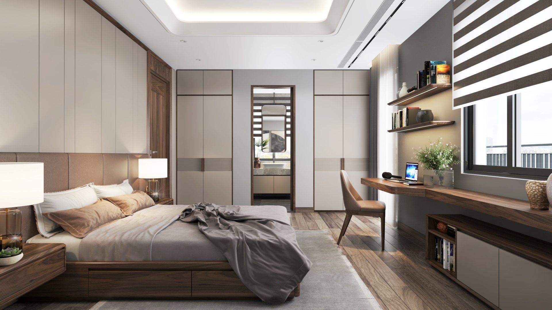 Mẫu phòng ngủ đẹp tông trắng ghi với giường có ngăn kéo và bàn làm việc treo tường Mẫu phòng ngủ đẹp tông trắng ghi với giường có ngăn kéo và bàn làm việc treo tường