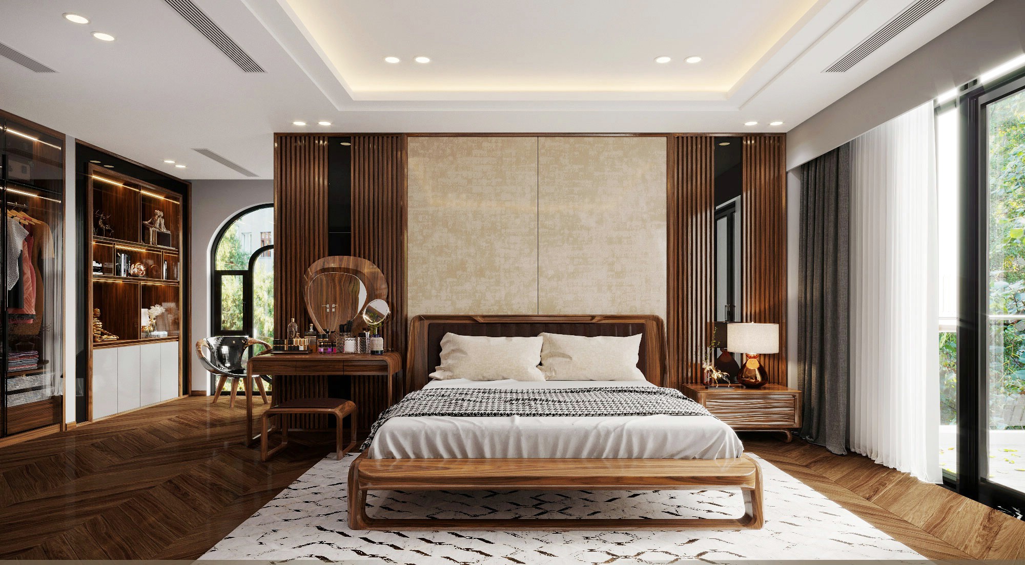 Mẫu thiết kế phòng ngủ master hiện đại với giường gỗ bọc da và tủ kính trong suốt Mẫu thiết kế phòng ngủ master hiện đại với giường gỗ bọc da và tủ kính trong suốt