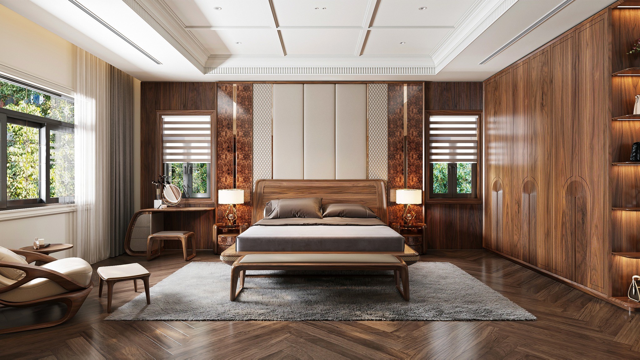 Mẫu thiết kế phòng ngủ sang trọng với nội thất gỗ óc chó veneer và giường ốp da quả trám Mẫu thiết kế phòng ngủ sang trọng với nội thất gỗ óc chó veneer và giường ốp da quả trám