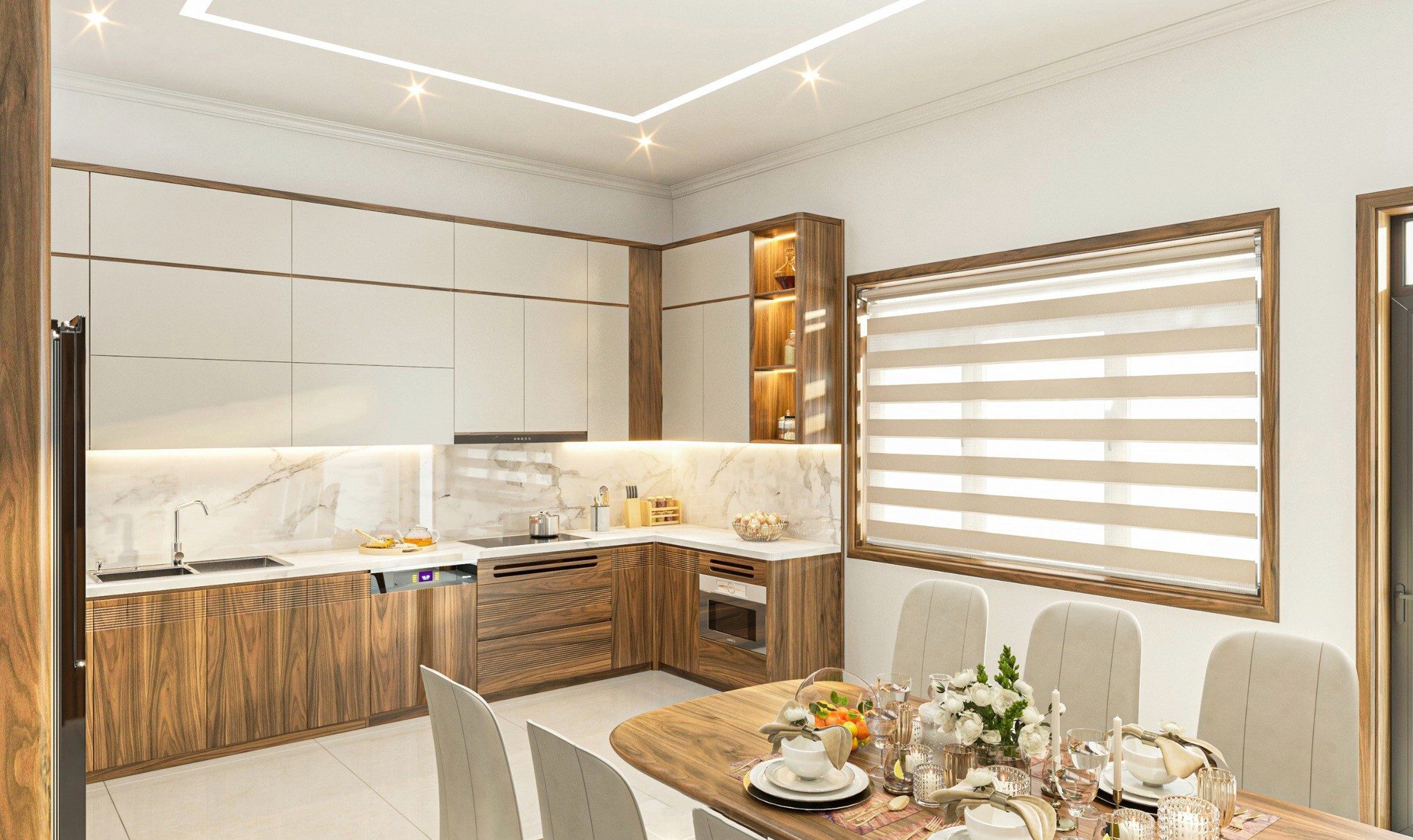 Mẫu thiết kế tủ bếp đẹp chữ L nhỏ gọn, gỗ sồi tự nhiên và acrylic trắng hiện đại Mẫu thiết kế tủ bếp đẹp chữ L nhỏ gọn, gỗ sồi tự nhiên và acrylic trắng hiện đại