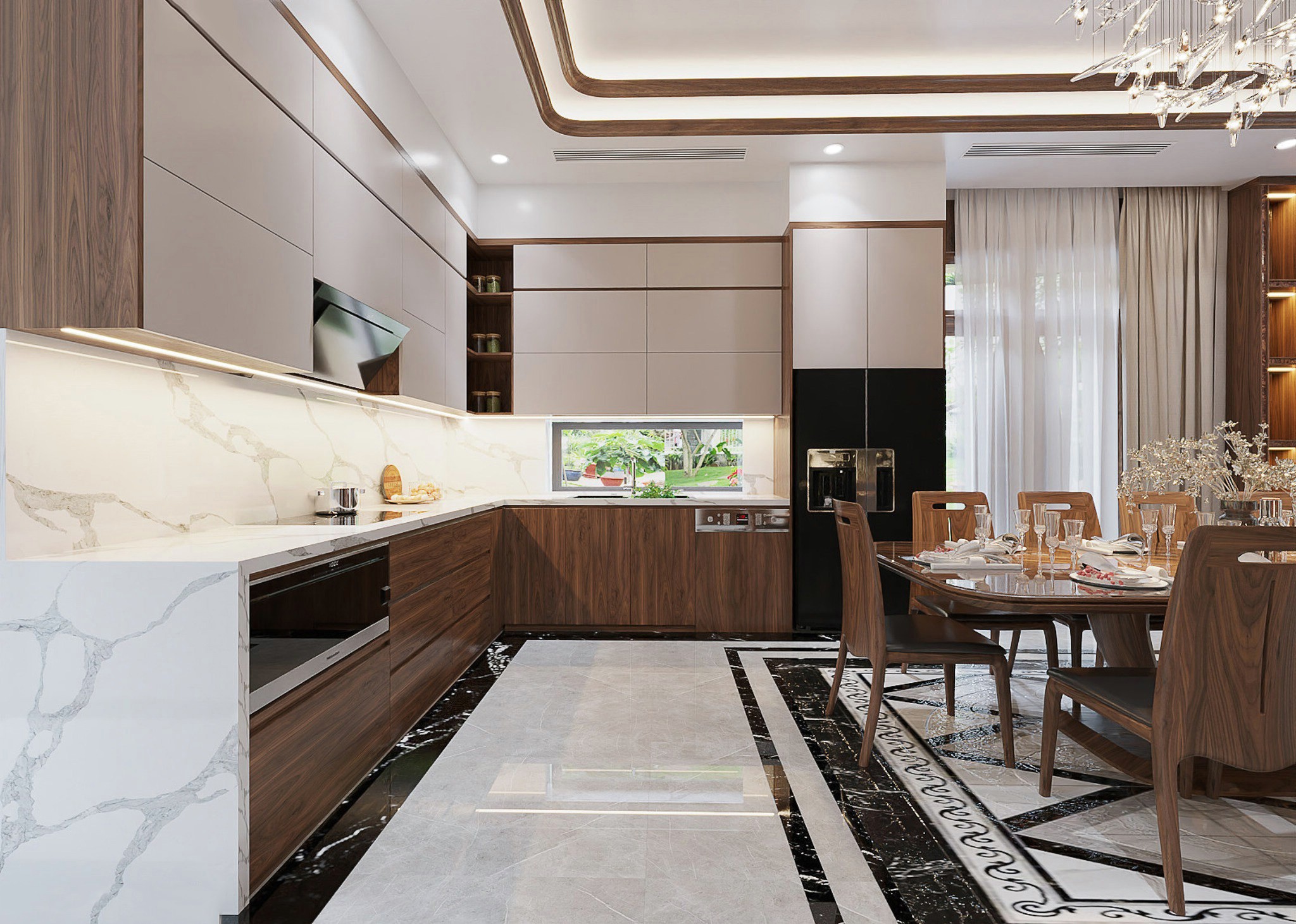 Mẫu thiết kế tủ bếp chữ L hiện đại với gỗ Laminate màu óc chó và Acrylic trắng đục Mẫu thiết kế tủ bếp chữ L hiện đại với gỗ Laminate màu óc chó và Acrylic trắng đục