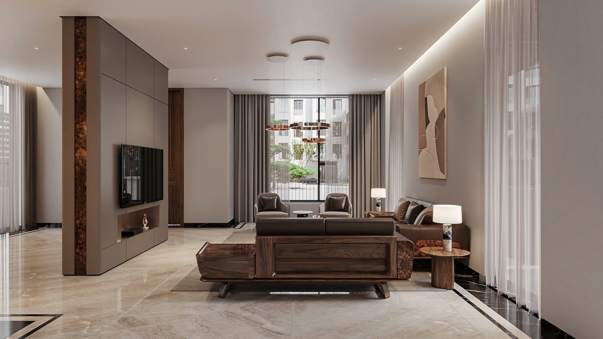 Mẫu trang trí nội thất phòng khách đẹp với sofa da nâu đen và vách ngăn kệ tivi hiện đại Mẫu trang trí nội thất phòng khách đẹp với sofa da nâu đen và vách ngăn kệ tivi hiện đại