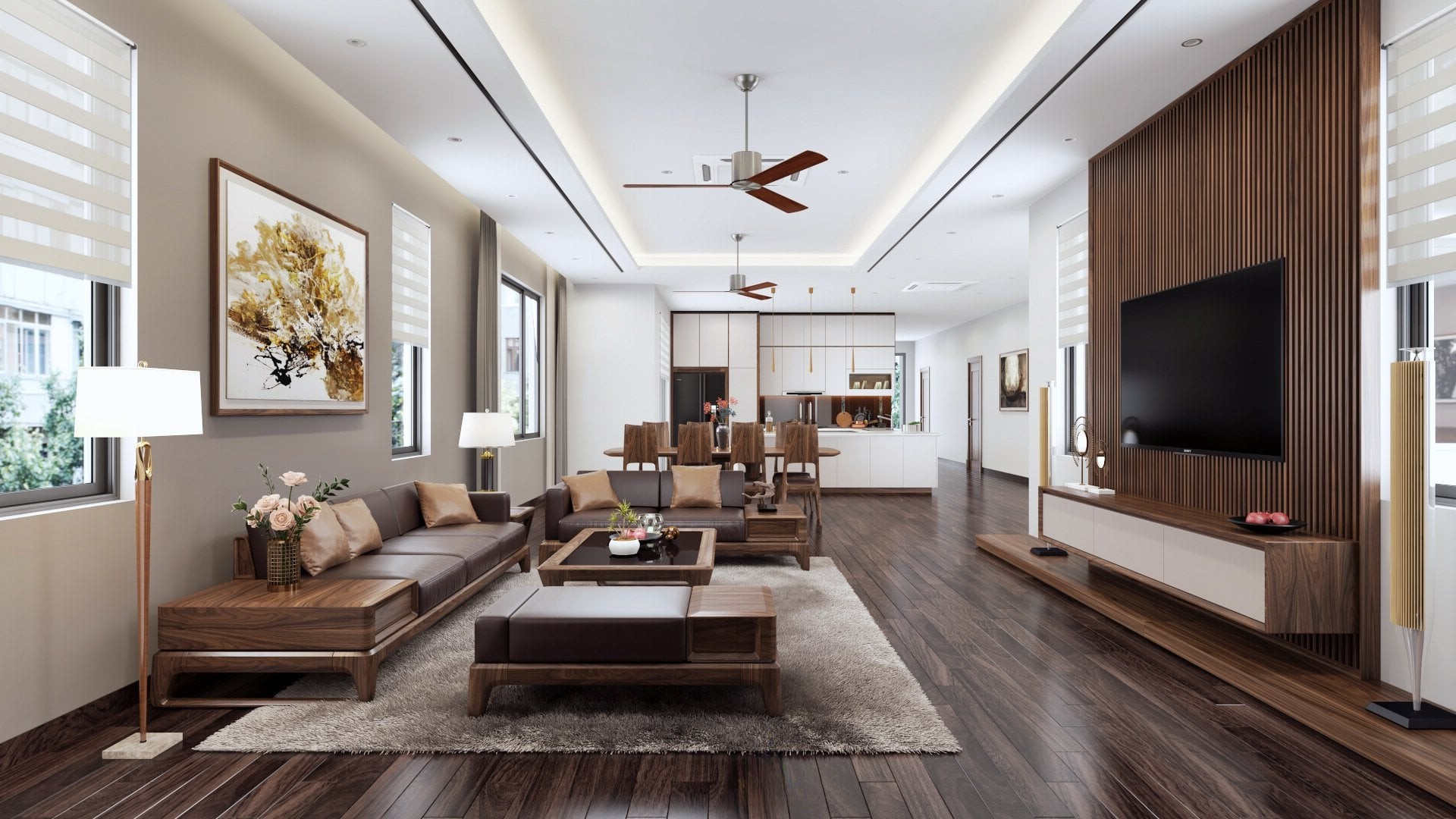 Mẫu trang trí phòng khách đẹp với sofa gỗ óc chó và kệ tivi treo tường Mẫu trang trí phòng khách đẹp với sofa gỗ óc chó và kệ tivi treo tường