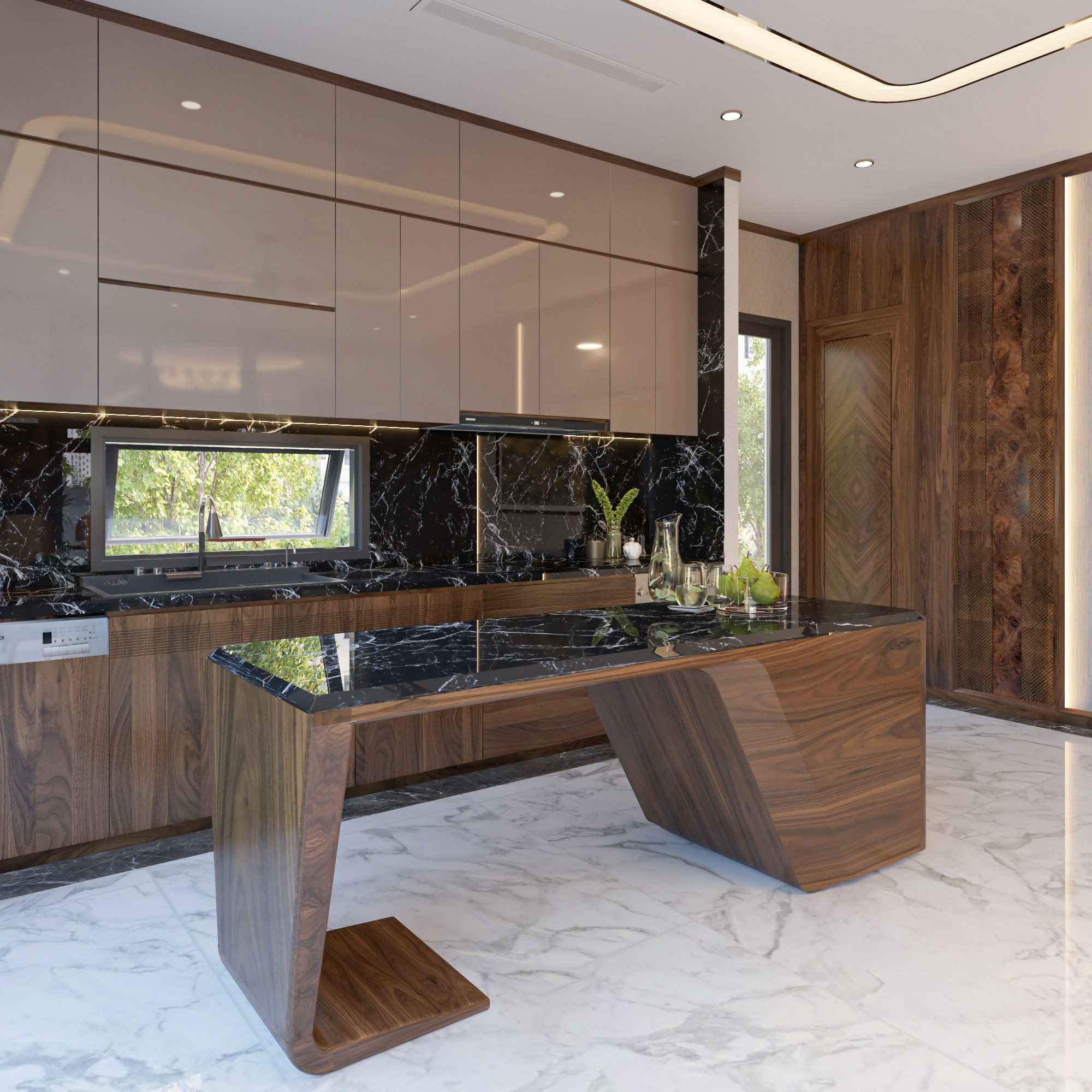 Mẫu tủ bếp bằng gỗ đẹp với thiết kế hiện đại và vật liệu tự nhiên cao cấp Mẫu tủ bếp bằng gỗ đẹp chữ I cao kịch trần, acrylic trắng và đá granite đen vân trắng