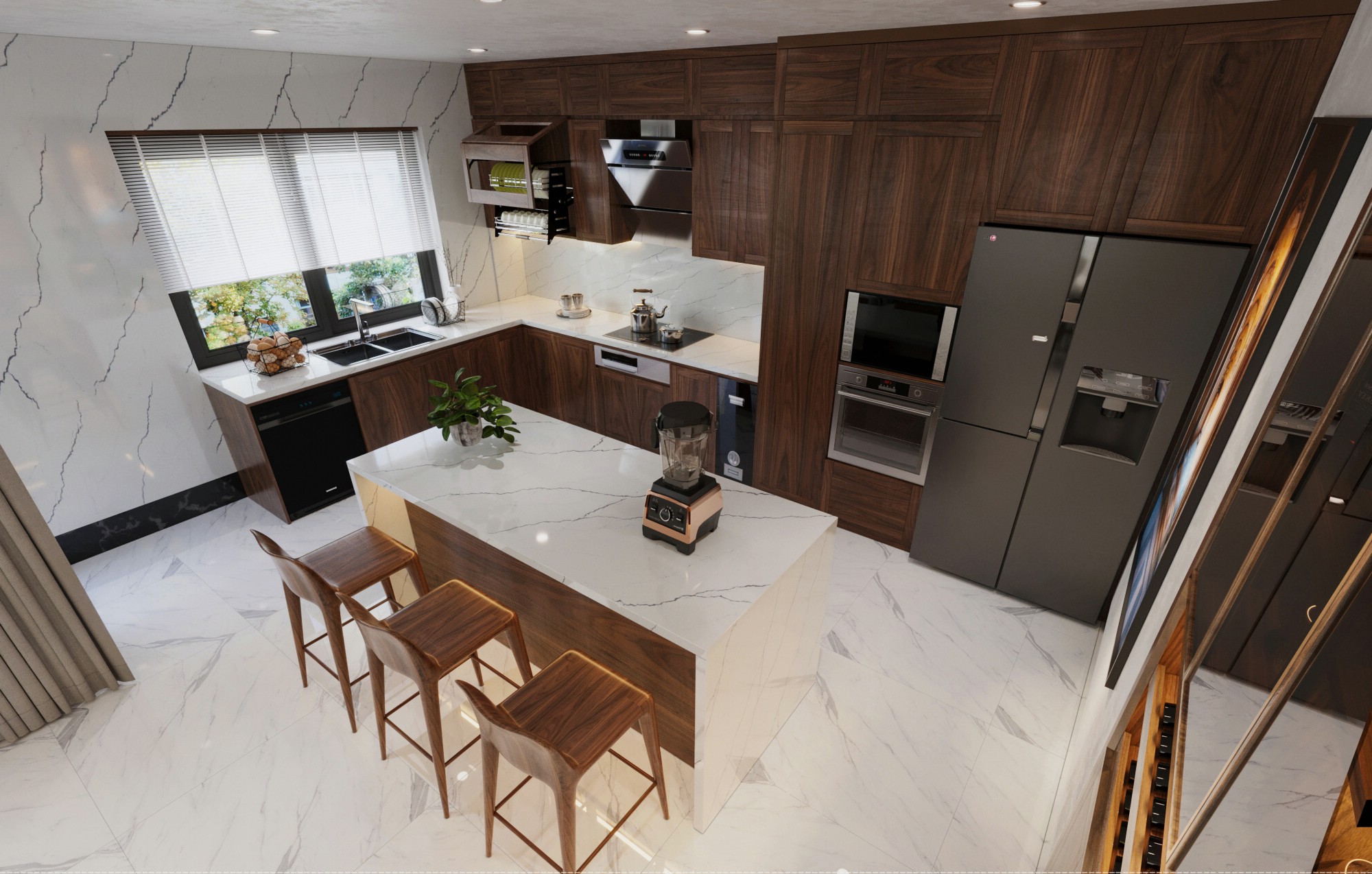 Mẫu tủ bếp bằng gỗ MDF vân óc chó cao trần chữ L kết hợp bàn đảo đá marble Mẫu tủ bếp bằng gỗ MDF vân óc chó cao trần chữ L kết hợp bàn đảo đá marble