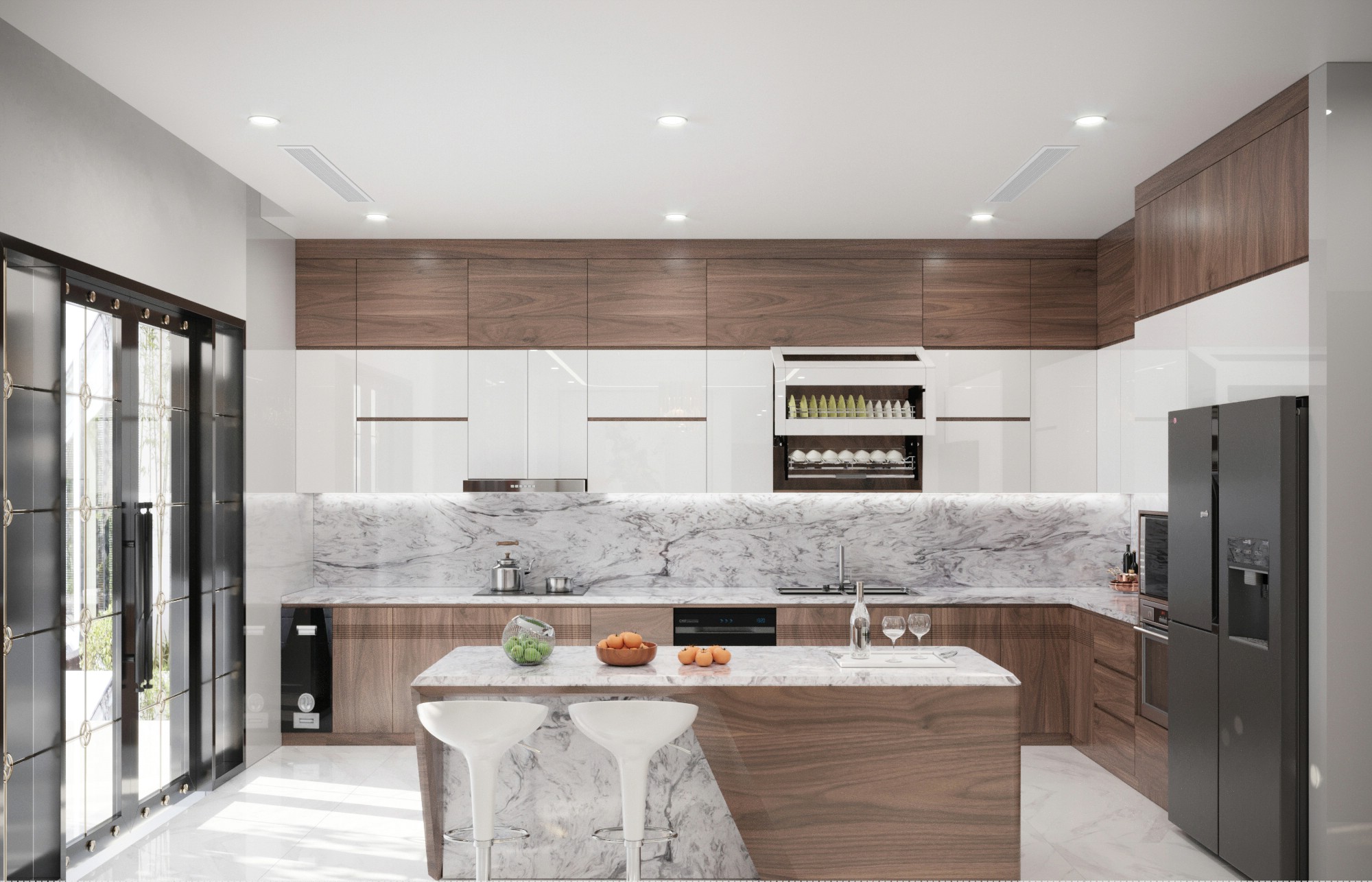 Mẫu tủ bếp chữ L gỗ tự nhiên kịch trần kết hợp Acrylic trắng bóng và Veneer óc chó Mẫu tủ bếp chữ L gỗ tự nhiên kịch trần kết hợp Acrylic trắng bóng và Veneer óc chó