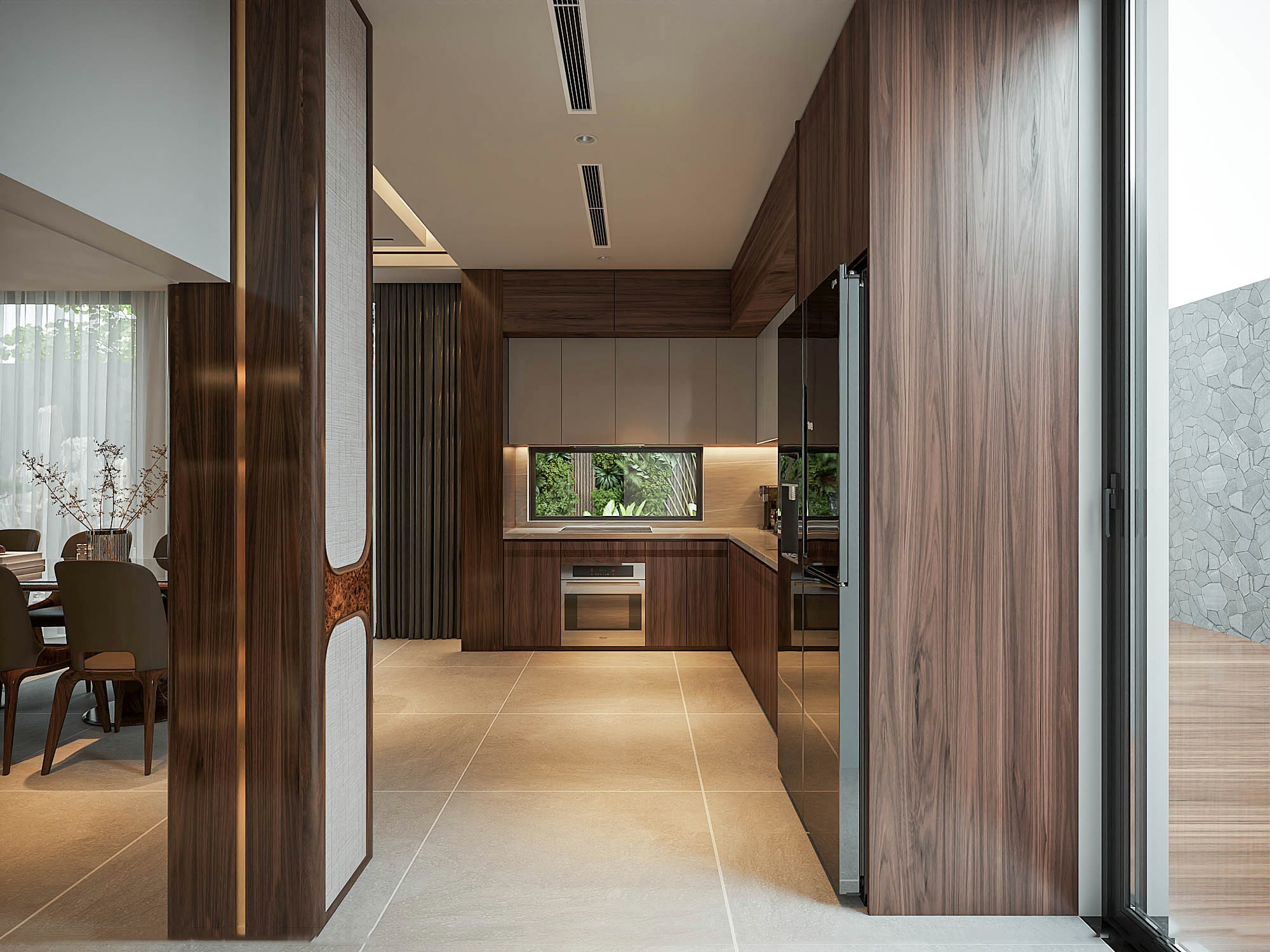 Mẫu tủ bếp đẹp hình chữ L hiện đại với gỗ óc chó, Acrylic xám và đá thạch anh Mẫu tủ bếp đẹp hình chữ L hiện đại với gỗ óc chó, Acrylic xám và đá thạch anh