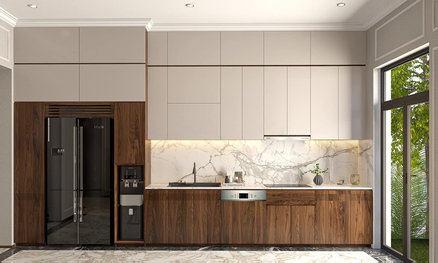 Mẫu tủ bếp đẹp hình chữ L gỗ óc chó hiện đại