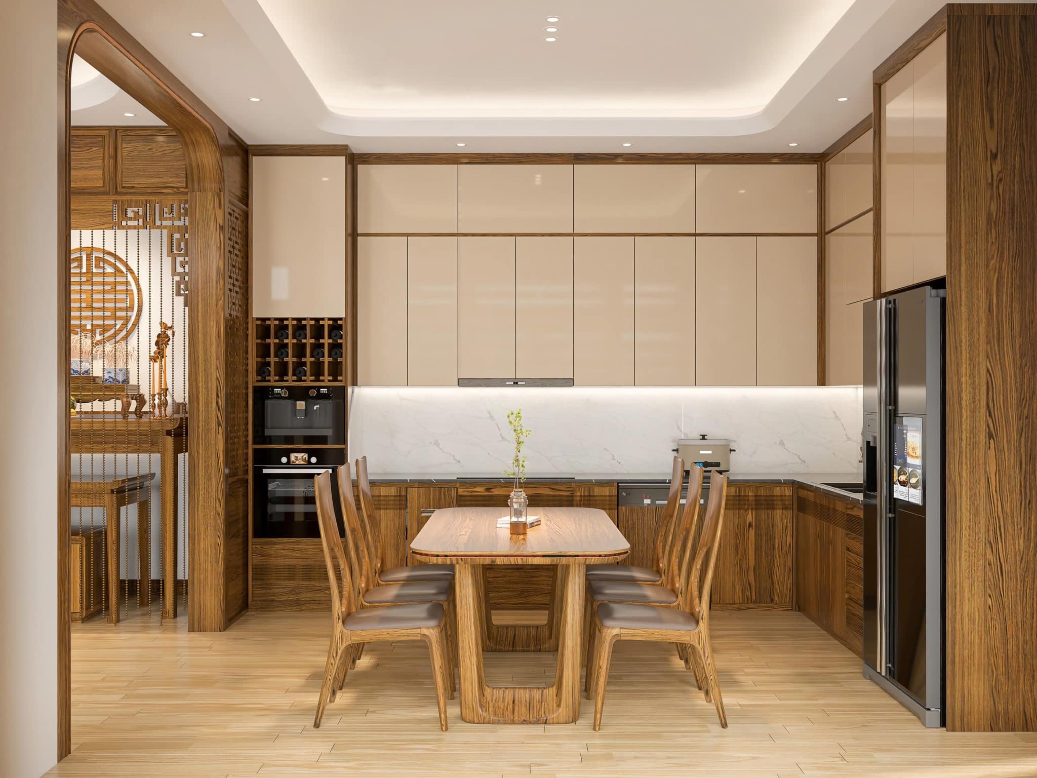 Mẫu tủ bếp đẹp nhỏ gọn chất liệu gỗ sồi tự nhiên