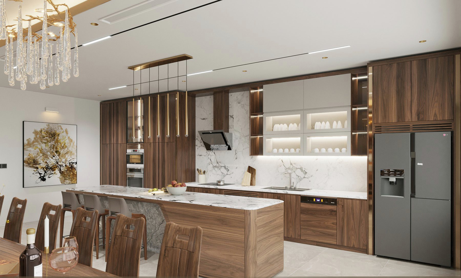 Mẫu tủ bếp dưới đẹp hiện đại với gỗ óc chó, Acrylic và đá trắng vân mây Mẫu tủ bếp dưới đẹp hiện đại với gỗ óc chó, Acrylic và đá trắng vân mây