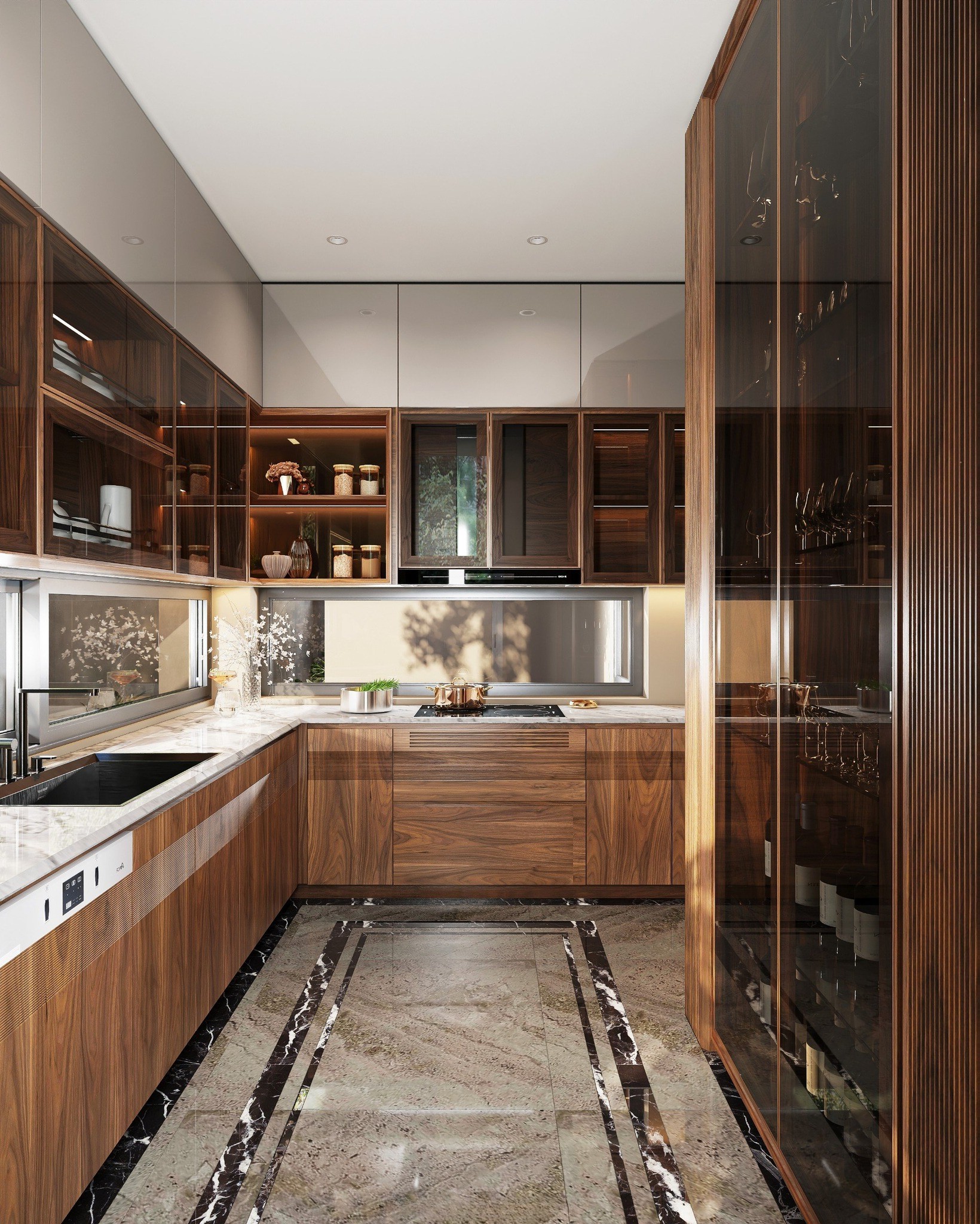 Mẫu tủ bếp gỗ chữ L đẹp cao kịch trần với mặt đá granite trắng loang xám Mẫu tủ bếp gỗ chữ L đẹp cao kịch trần với mặt đá granite trắng loang xám