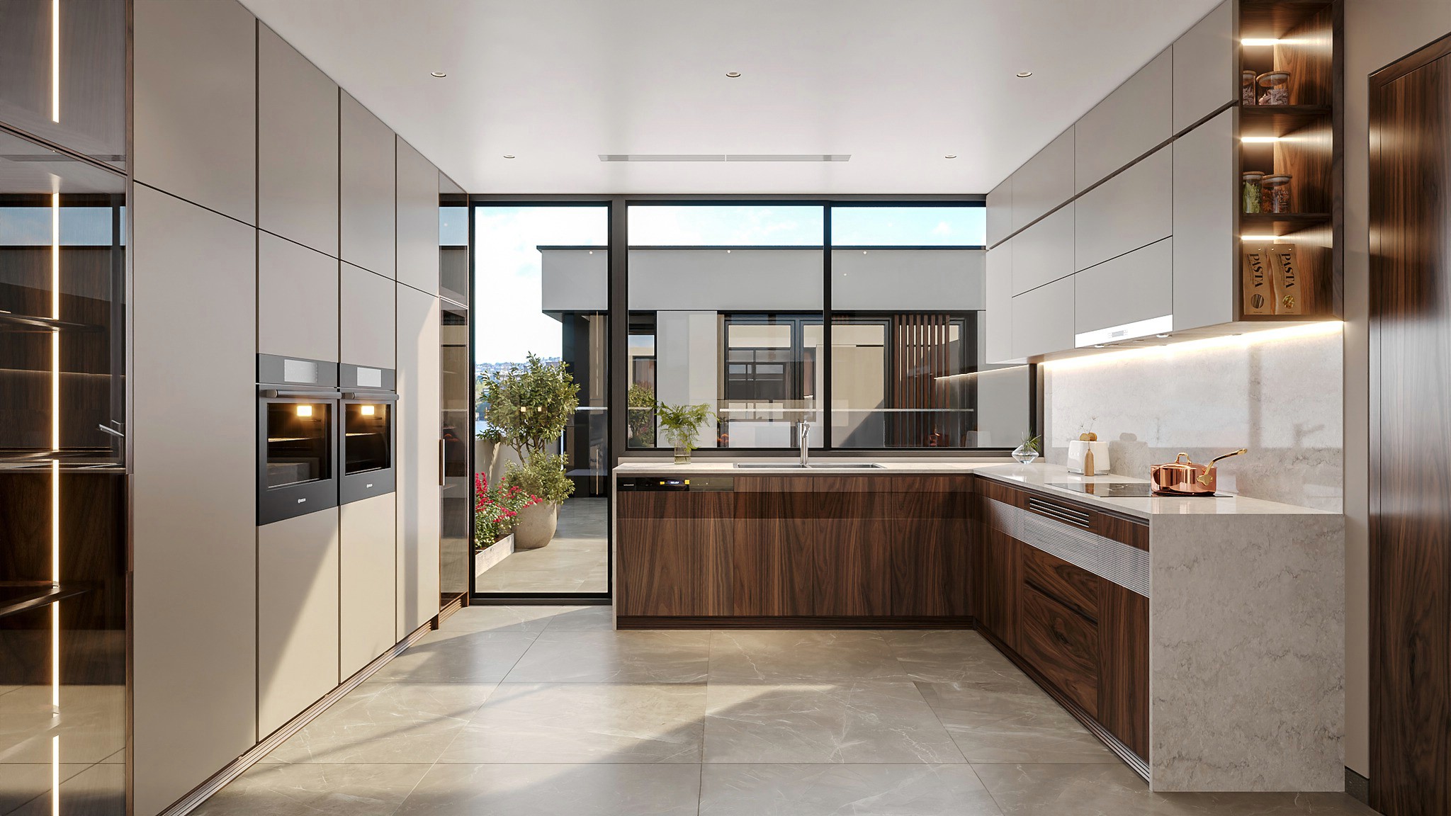 Mẫu tủ bếp gỗ đẹp hiện đại chữ L – chữ I với gỗ óc chó, Acrylic xám và đá thạch anh Mẫu tủ bếp gỗ đẹp hiện đại chữ L – chữ I với gỗ óc chó, Acrylic xám và đá thạch anh