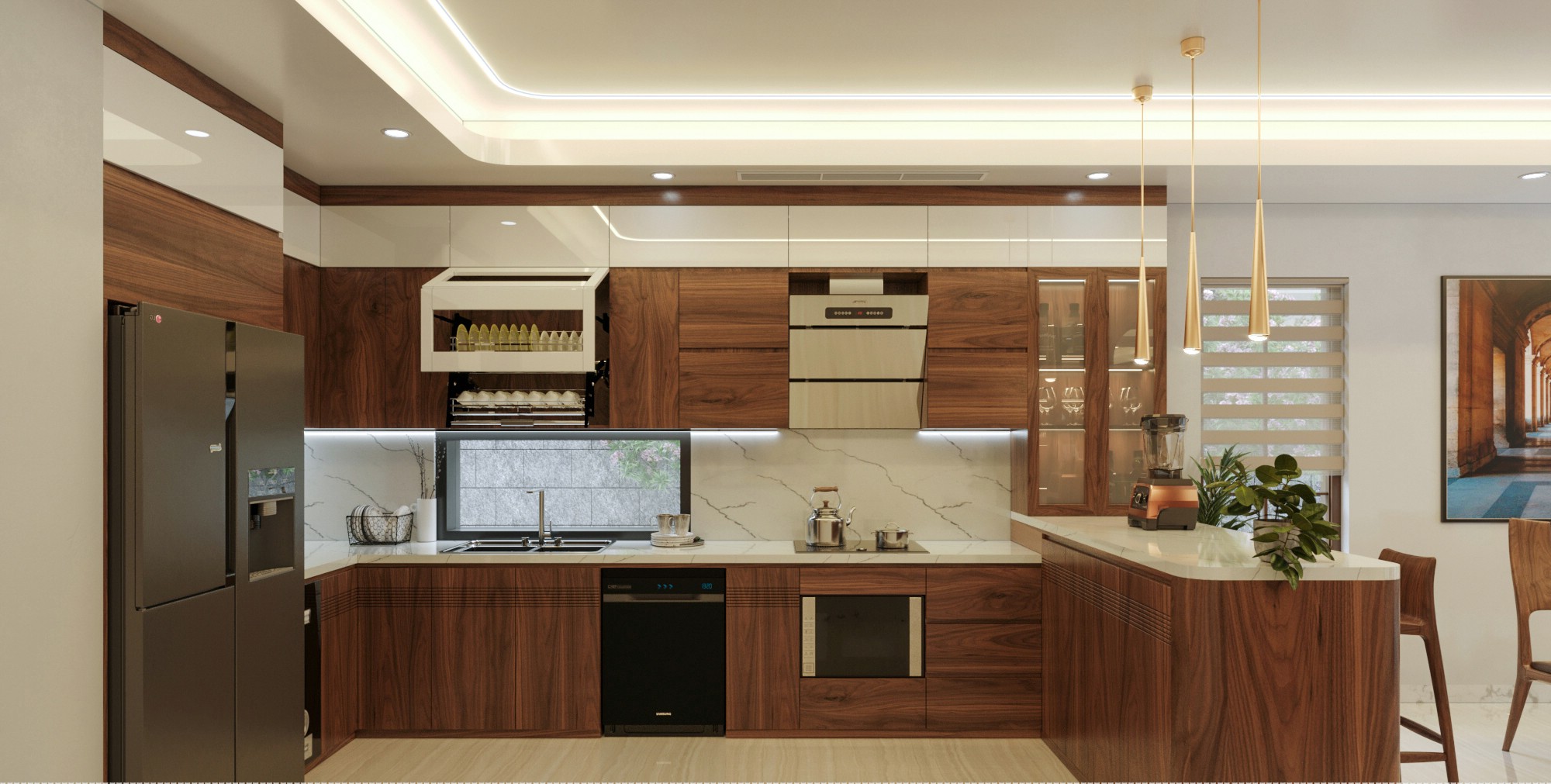 Mẫu tủ bếp gỗ tự nhiên chữ L cao kịch trần với bàn bar và mặt đá granite Mẫu tủ bếp gỗ tự nhiên chữ L cao kịch trần với bàn bar và mặt đá granite