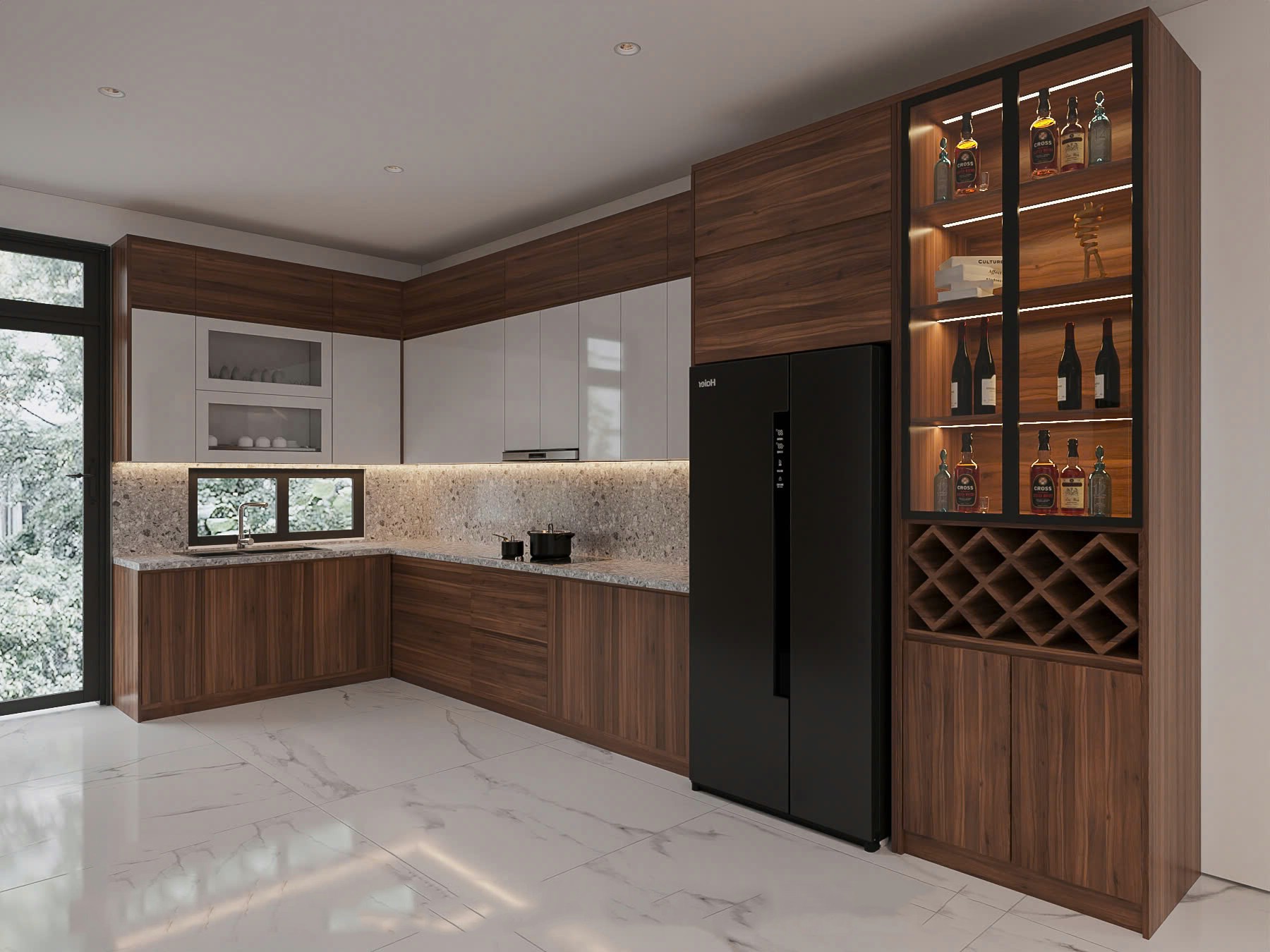 Mẫu tủ bếp gỗ chữ L hiện đại với tủ treo acrylic trắng và tủ dưới laminate nâu đậm Mẫu tủ bếp gỗ chữ L hiện đại với tủ treo acrylic trắng và tủ dưới laminate nâu đậm