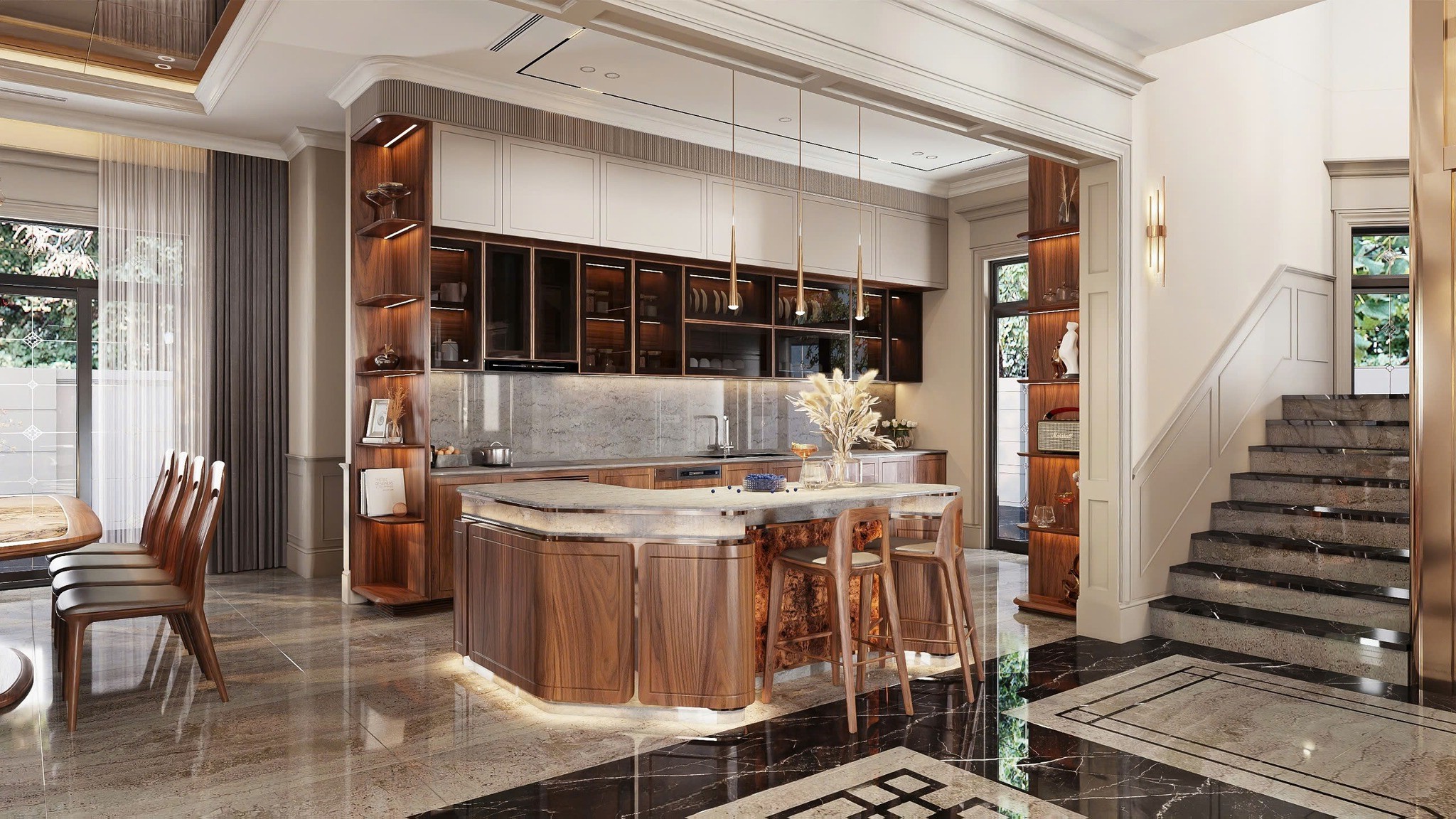 Mẫu tủ bếp hiện đại đẹp bằng gỗ xoan đào kết hợp acrylic trắng và kính đen mờ, bàn bar chữ L tiện nghi Mẫu tủ bếp hiện đại đẹp bằng gỗ xoan đào kết hợp acrylic trắng và kính đen mờ, bàn bar chữ L tiện nghi