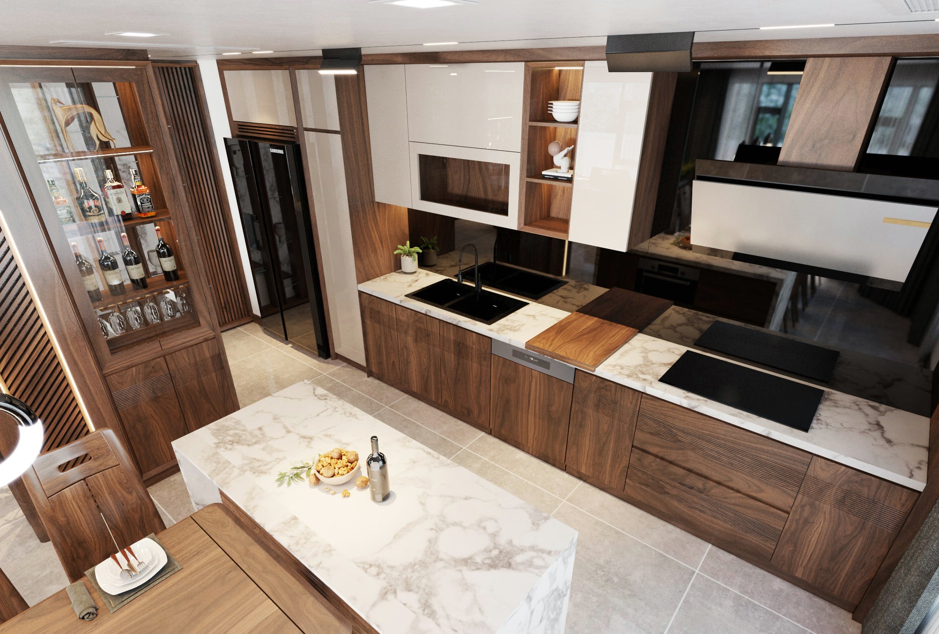 Mẫu tủ bếp thẳng đẹp chữ I với gỗ MDF lõi xanh và tường bếp ốp kính đen Mẫu tủ bếp thẳng đẹp chữ I với gỗ MDF lõi xanh và tường bếp ốp kính đen