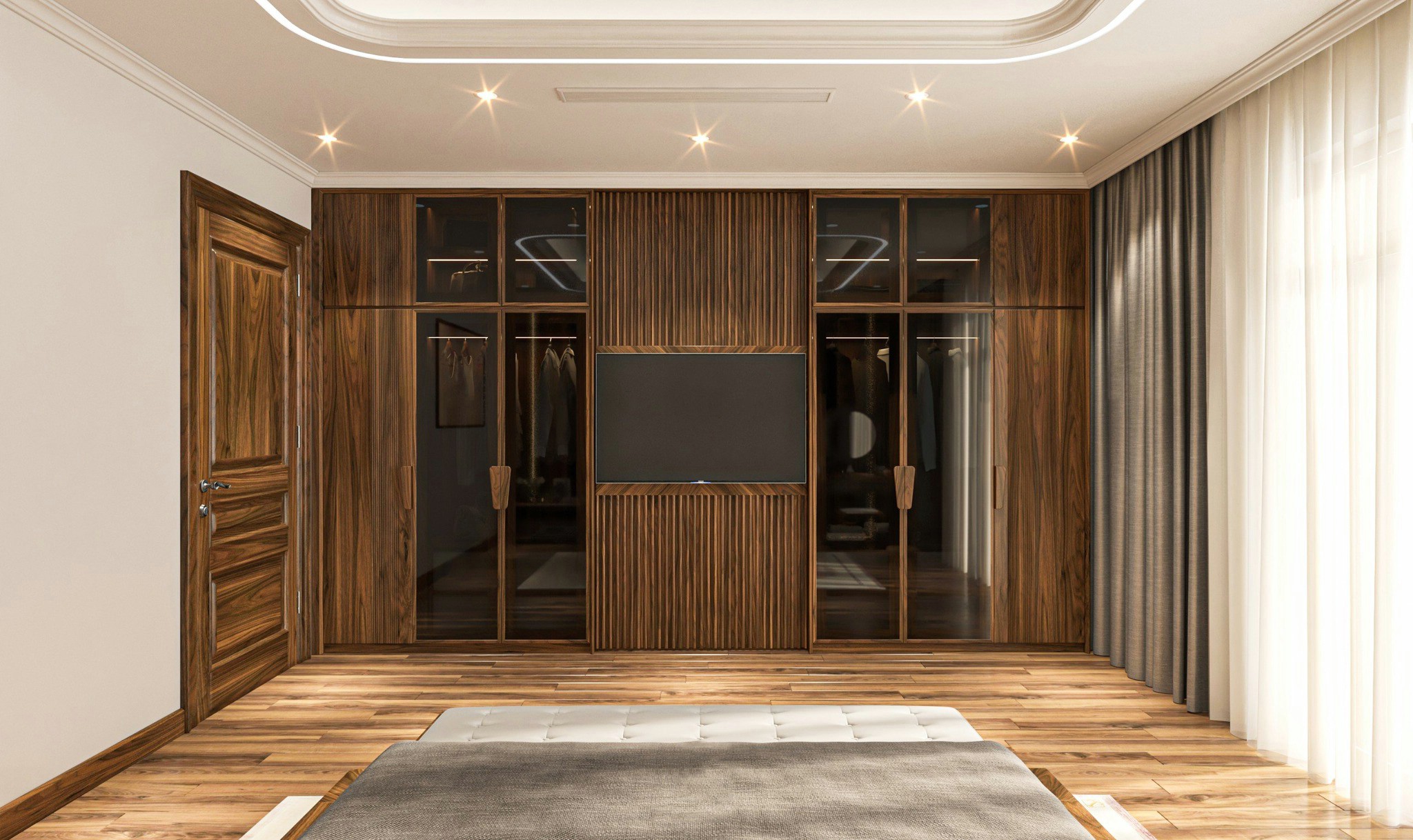 Mẫu tủ quần áo cho nhà chung cư hiện đại kết hợp kệ tivi trung tâm Mẫu tủ quần áo cho nhà chung cư hiện đại kết hợp kệ tivi trung tâm