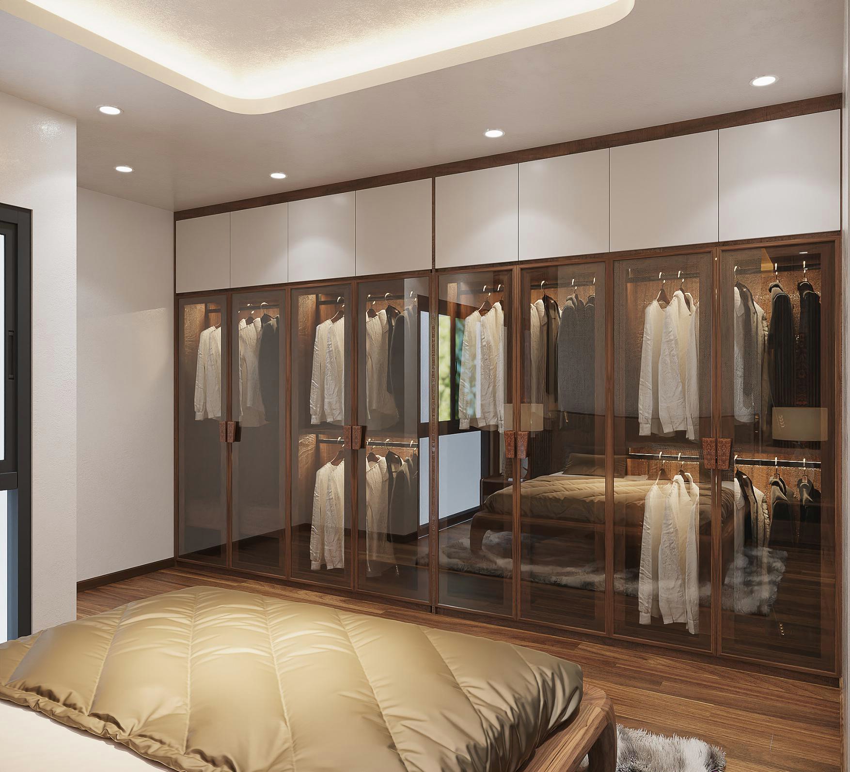 Tủ quần áo gỗ tự nhiên cao kịch trần, thiết kế sang trọng Mẫu tủ quần áo trong phòng ngủ hiện đại