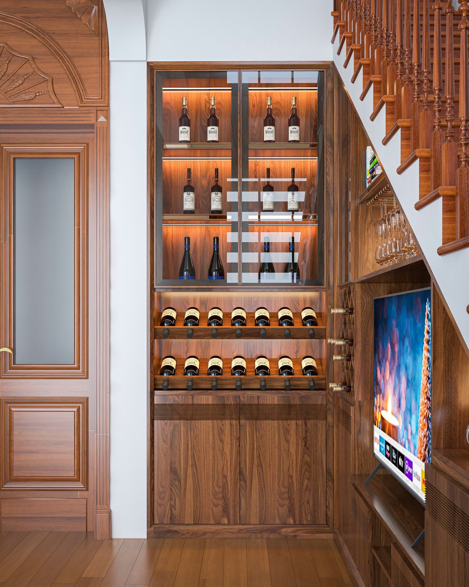 Mẫu tủ rượu gỗ óc chó đẹp dưới gầm cầu thang