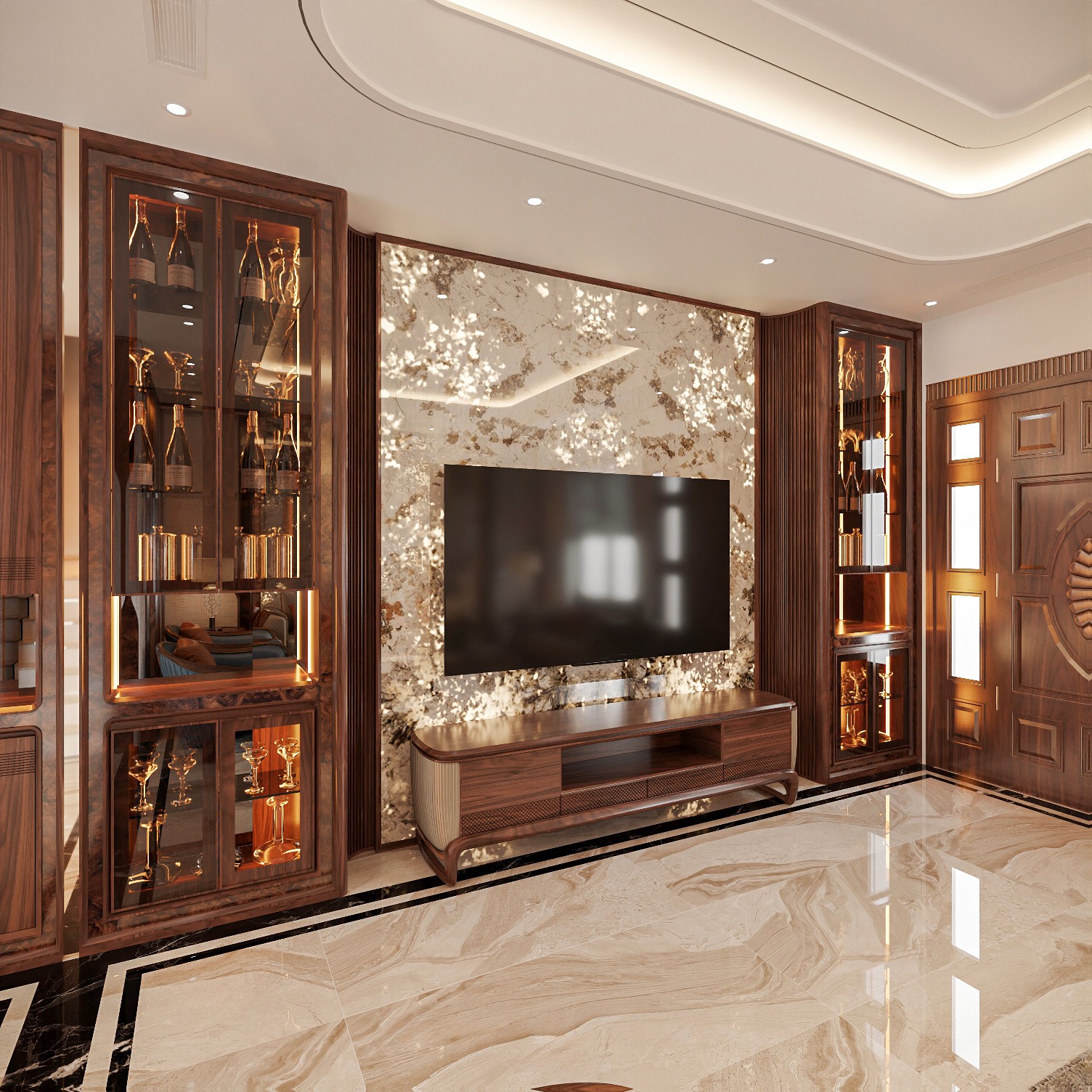 Mẫu tủ rượu gỗ tự nhiên cao kịch trần với thiết kế kệ kính và viền veneer nu sang trọng Mẫu tủ rượu gỗ tự nhiên cao kịch trần màu nâu đậm với kệ kính sang trọng