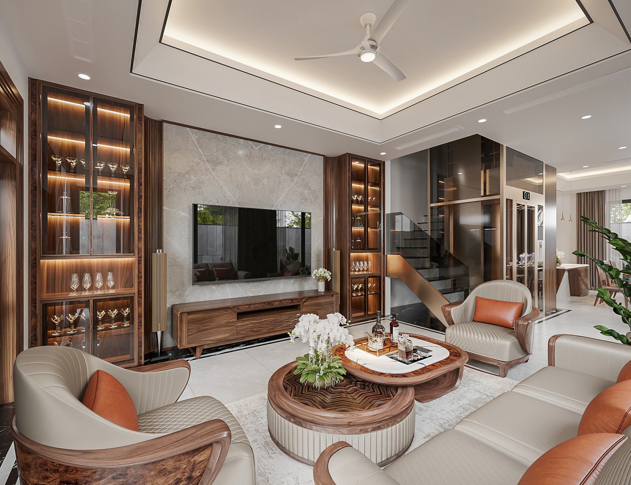 Mẫu tủ rượu hiện đại phòng khách chữ I cao kịch trần màu nâu đậm