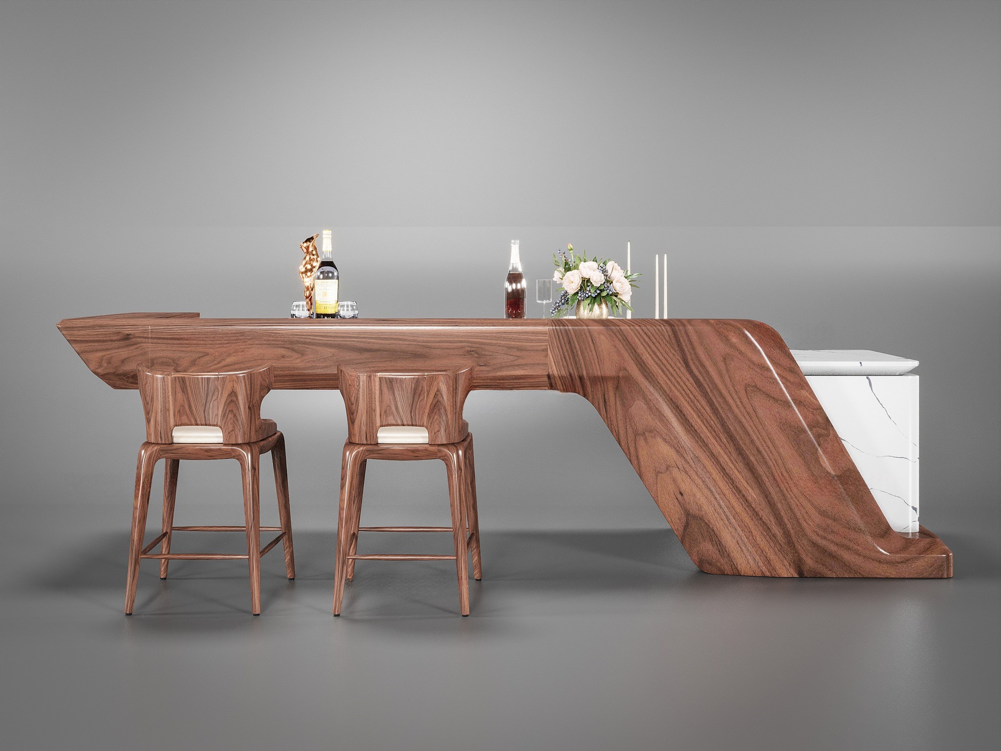 Mẫu tủ rượu quầy bar gỗ óc chó với mặt đá ceramic trắng vân tia