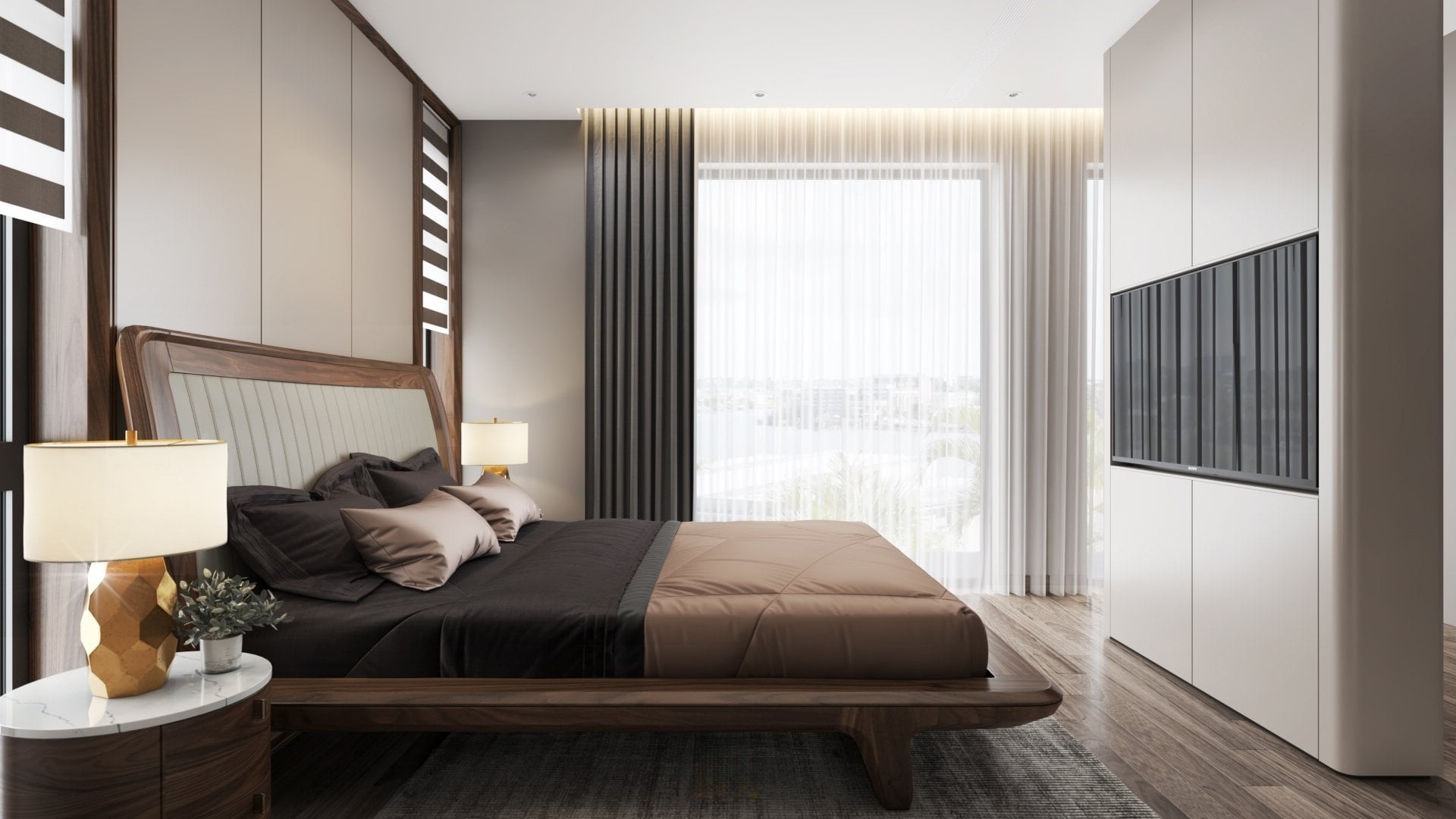 Mẫu giường ngủ hiện đại bằng gỗ với tựa lưng da be ghi kẻ sọc dọc