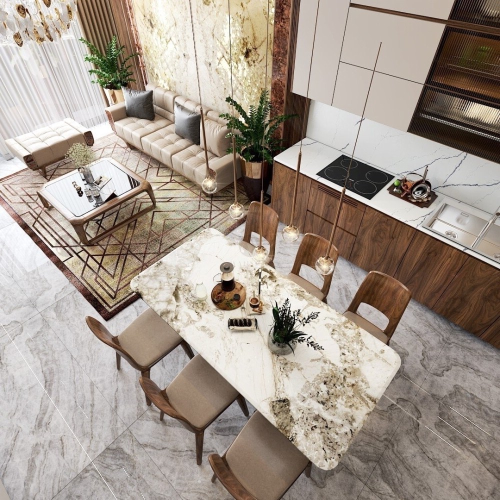 Nhà phòng khách và bếp liên thông hiện đại với sofa da be, bàn ăn đá marble và tủ bếp acrylic trắng Nhà phòng khách và bếp liên thông hiện đại với sofa da be, bàn ăn đá marble và tủ bếp acrylic trắng
