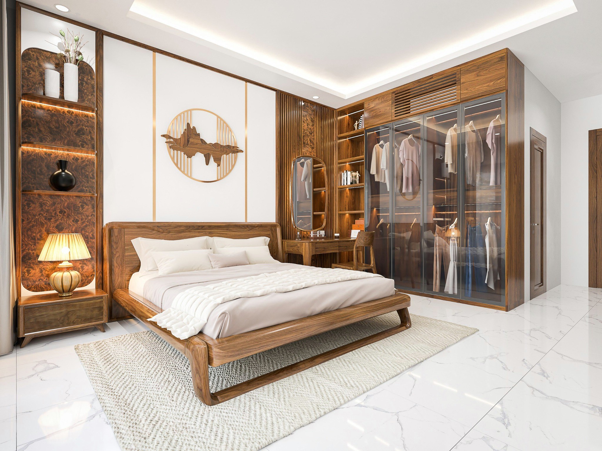 Những mẫu thiết kế phòng ngủ đẹp với giường gỗ óc chó và bàn trang điểm gỗ tự nhiên hiện đại