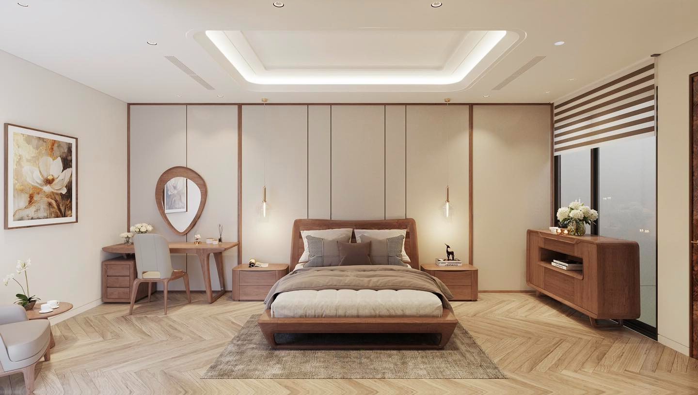 Nội thất giường gỗ xoan đào hiện đại với tựa đầu cong nhẹ và khung gỗ liền khối