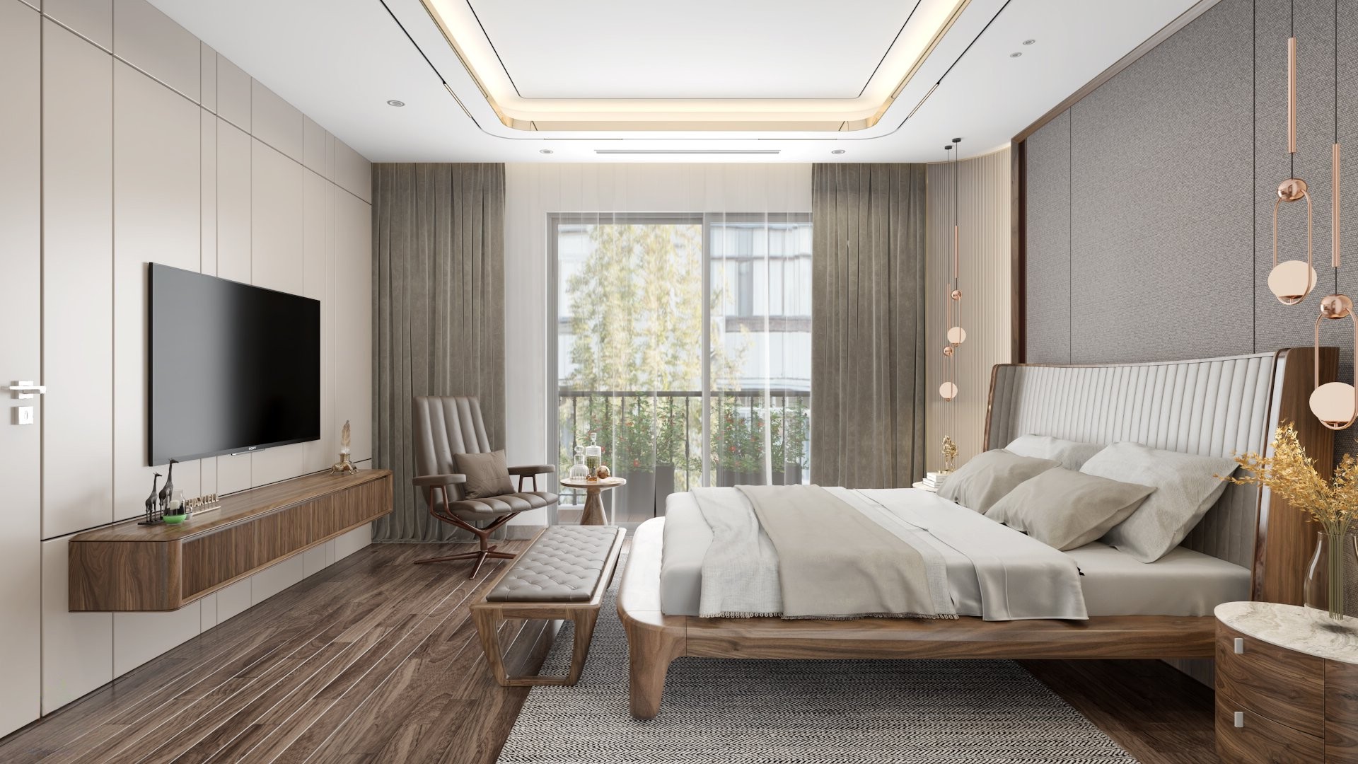 Nội thất giường ngủ đẹp bằng gỗ óc chó tự nhiên với tựa đầu bọc da và ghế băng cuối giường Nội thất giường ngủ đẹp bằng gỗ óc chó tự nhiên với tựa đầu bọc da và ghế băng cuối giường