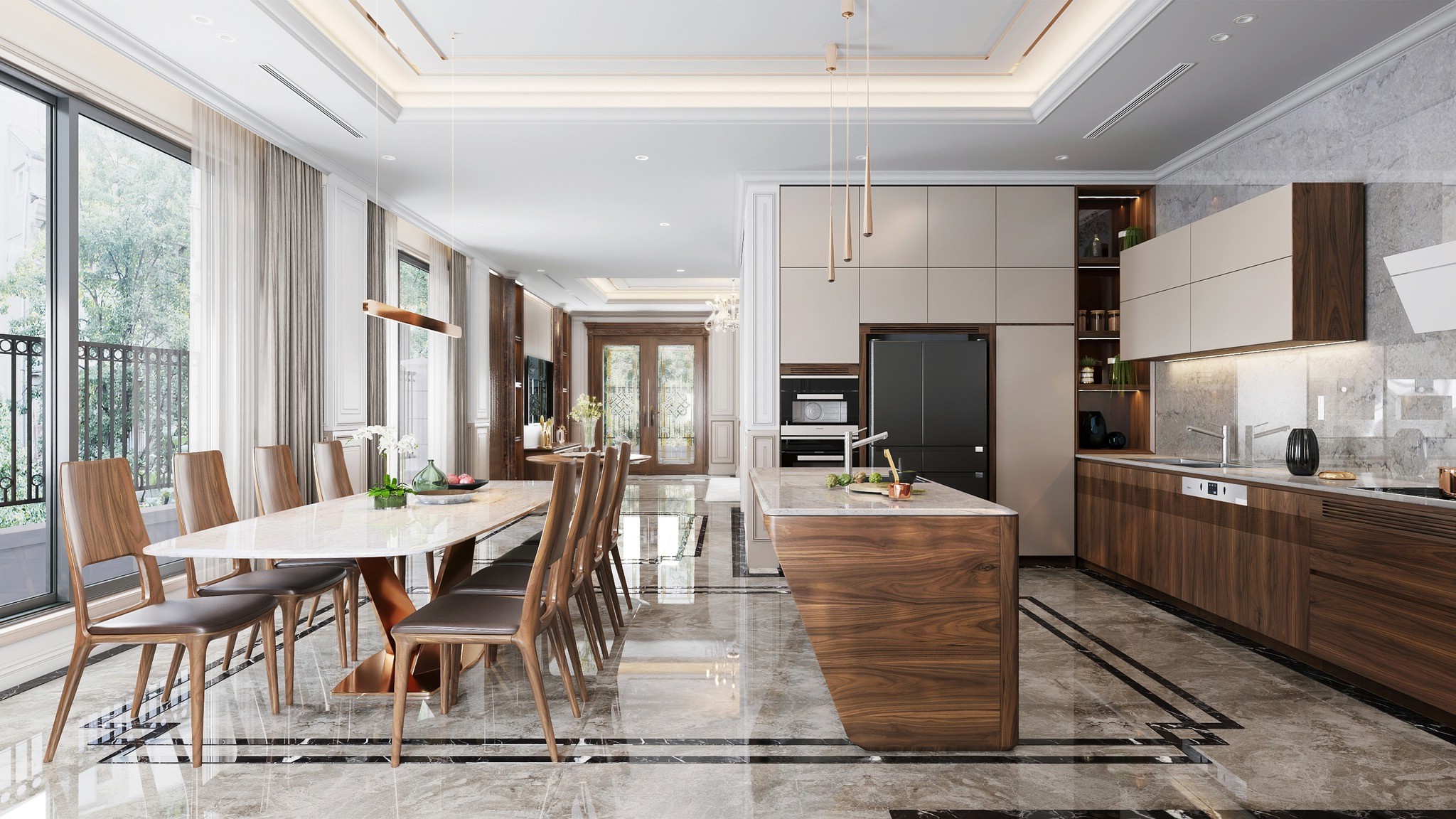 Nội thất gỗ tự nhiên phòng bếp hiện đại với tông nâu gụ, bàn bar đá granite và bàn ăn 8 ghế chân chữ V mạ vàng Nội thất gỗ tự nhiên phòng bếp hiện đại với tông nâu gụ, bàn bar đá granite và bàn ăn 8 ghế chân chữ V mạ vàng