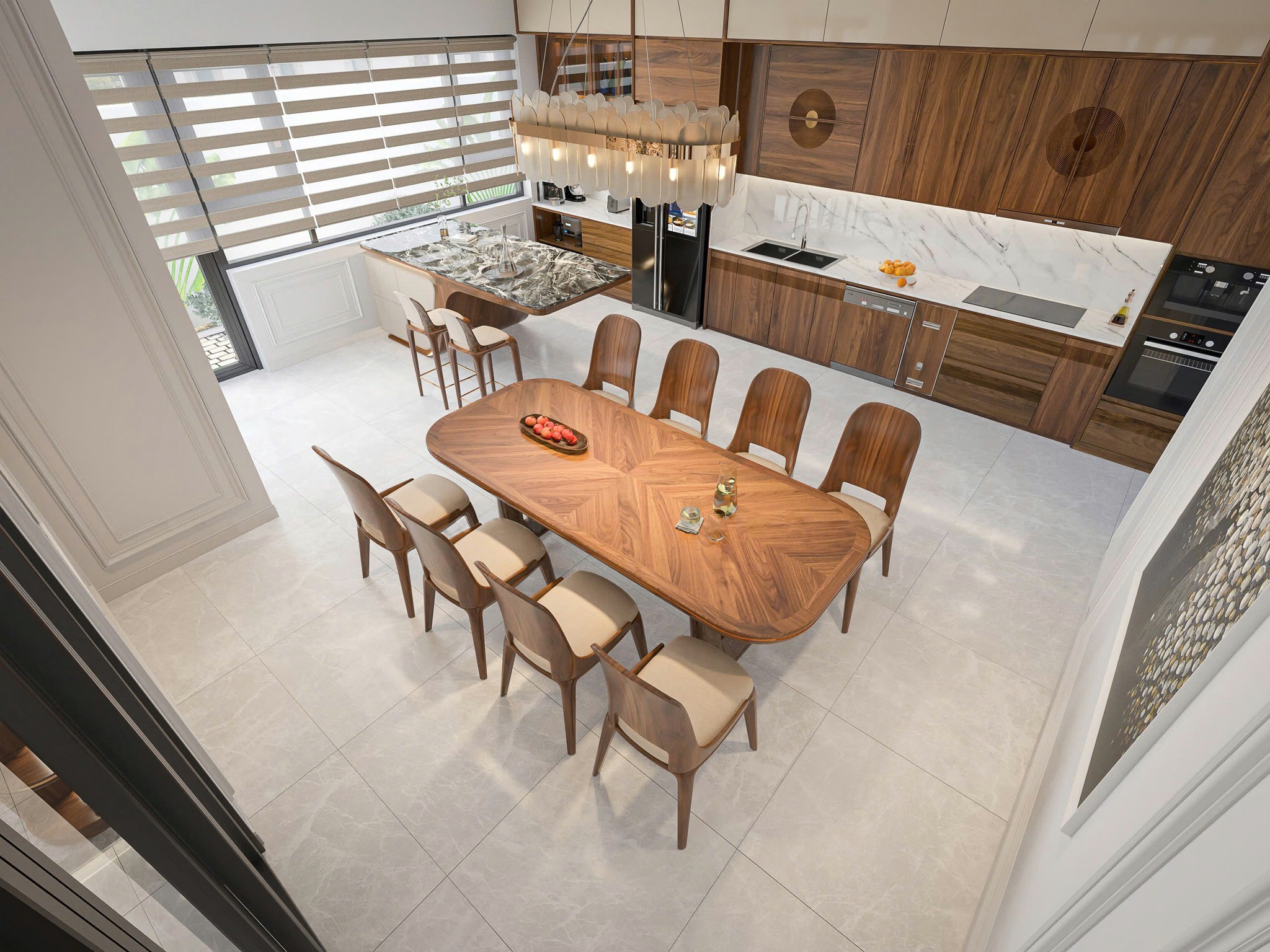 Nội thất phòng bếp đẹp với bàn ăn veneer xương cá và tủ bếp chữ I hiện đại