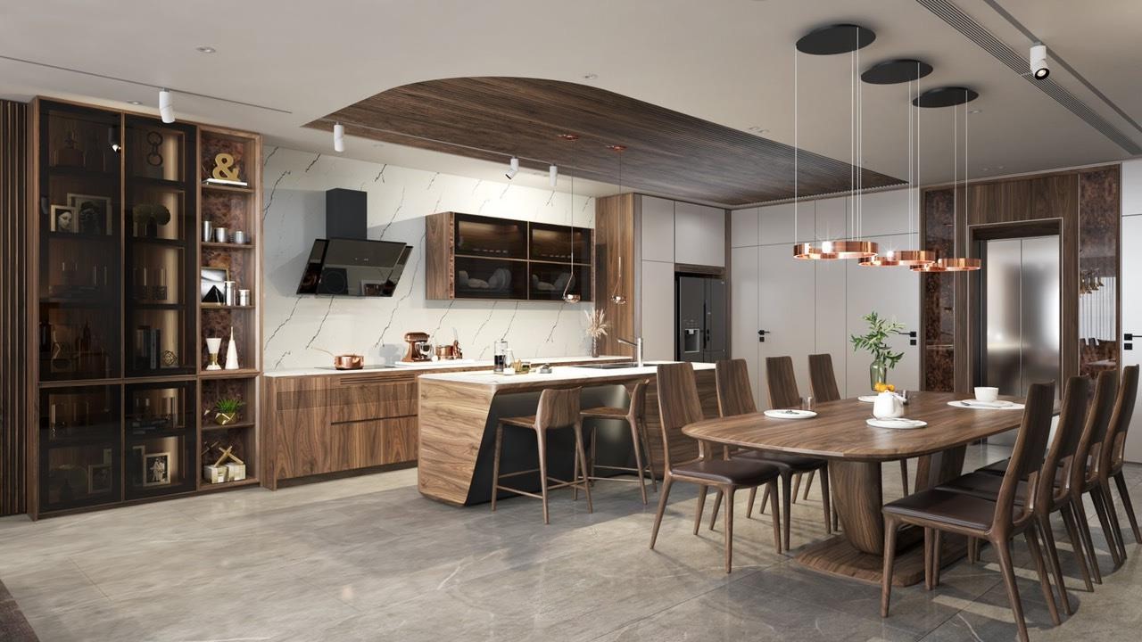 Nội thất phòng bếp hiện đại với tủ bếp chữ I và quầy bar kết hợp chậu rửa