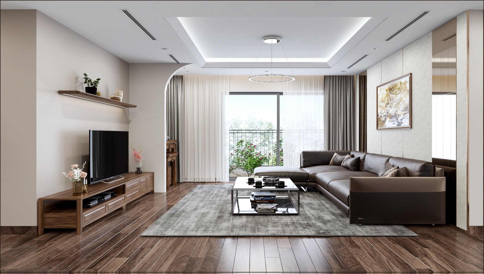 Nội thất phòng khách chung cư đẹp với sofa chữ L, bàn trà mặt đá và kệ tivi gỗ hiện đại Nội thất phòng khách chung cư đẹp với sofa chữ L, bàn trà mặt đá và kệ tivi gỗ hiện đại