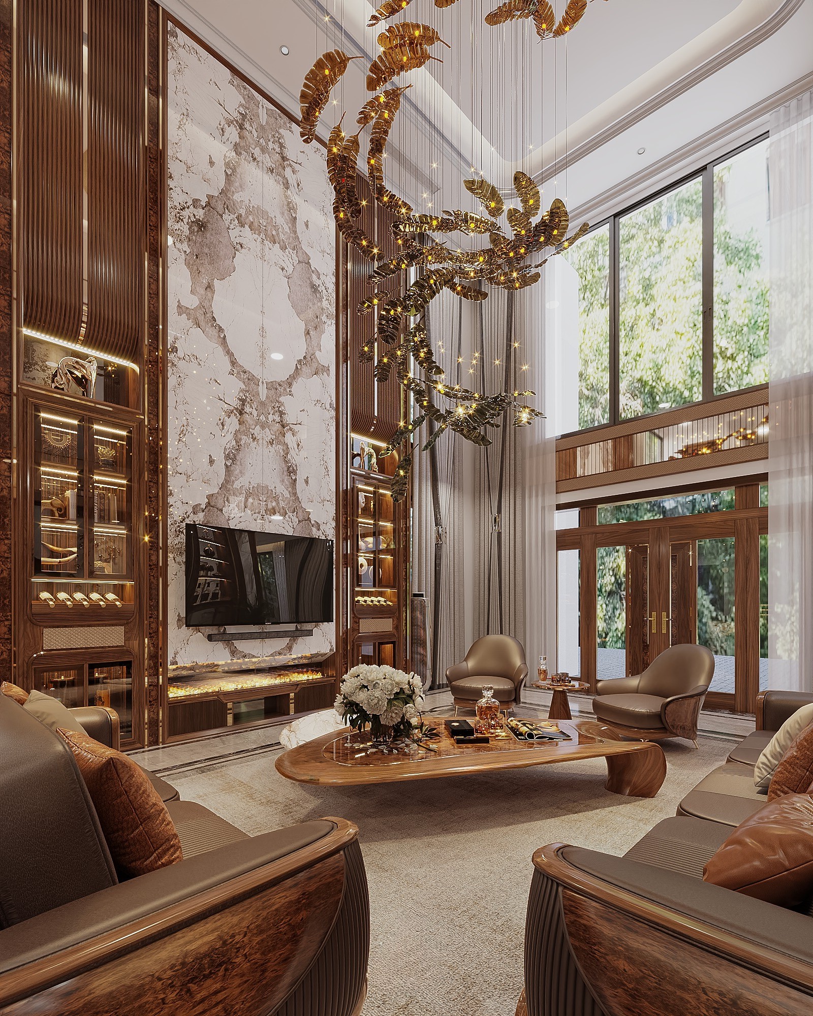 Nội thất phòng khách đẹp hiện đại gỗ óc chó với sofa văng và tủ rượu kính