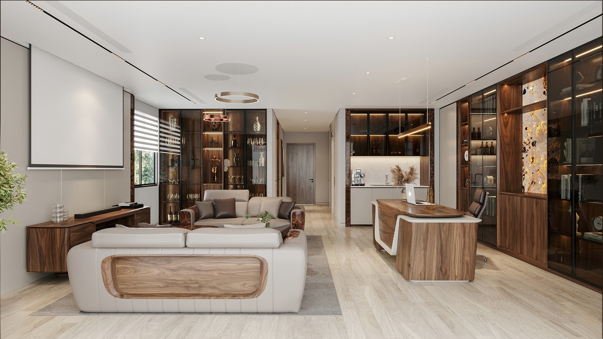 Nội thất phòng làm việc giám đốc gỗ óc chó tự nhiên sang trọng