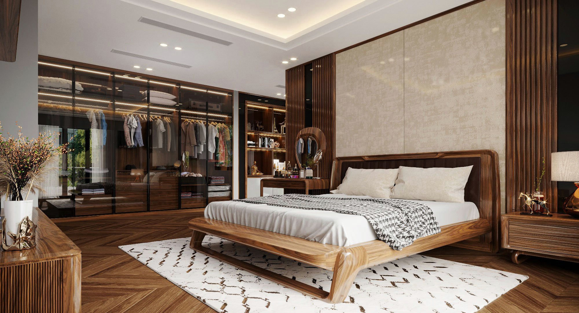 Nội thất phòng ngủ hiện đại với tủ áo kính âm tường, vách lam sóng và giường bọc nỉ/da Nội thất phòng ngủ hiện đại với tủ áo kính âm tường, vách lam sóng và giường bọc nỉ/da