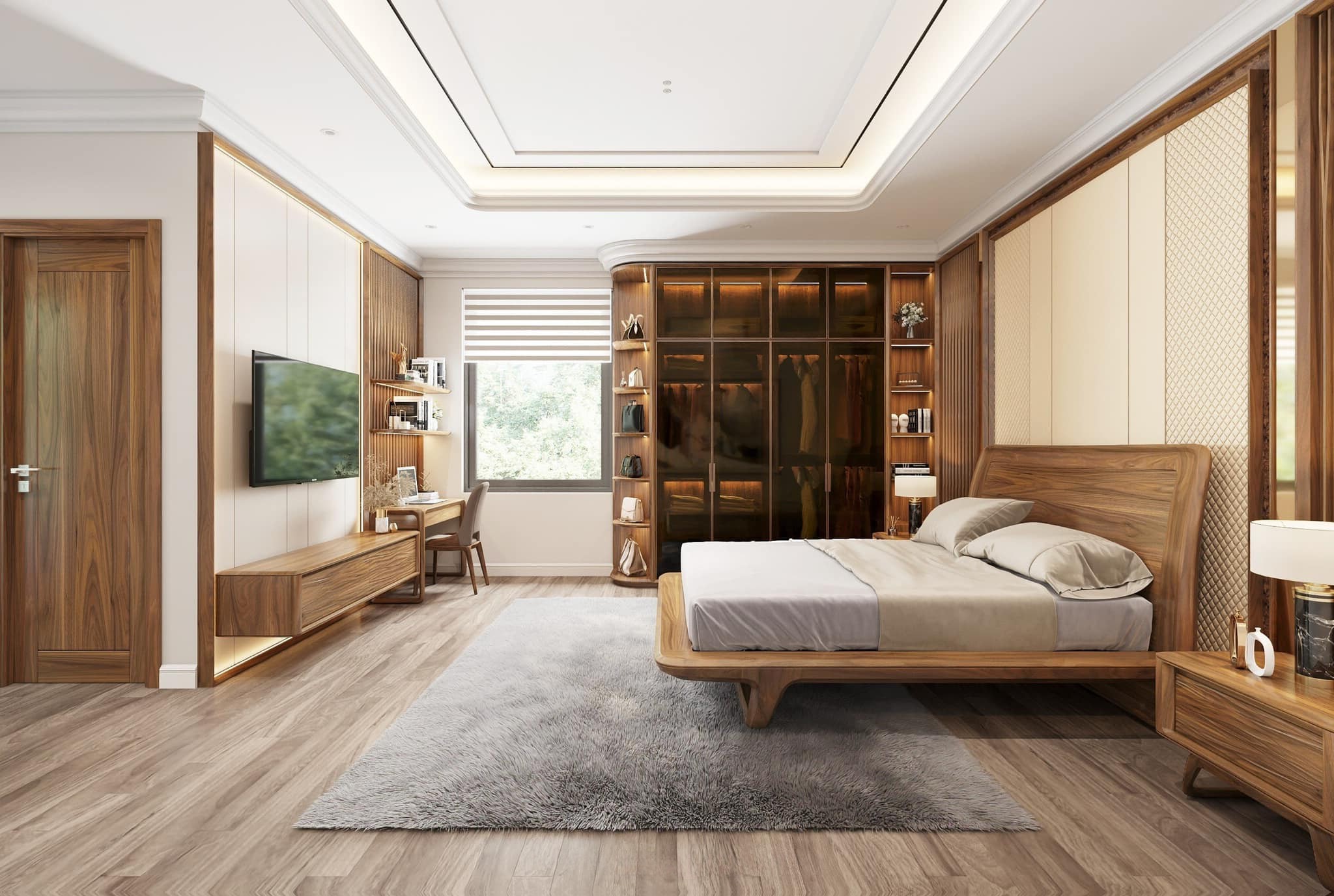 Nội thất phòng ngủ sang trọng với giường ngủ gỗ óc chó hoặc gỗ sồi tự nhiên Nội thất phòng ngủ sang trọng với giường ngủ gỗ óc chó hoặc gỗ sồi tự nhiên