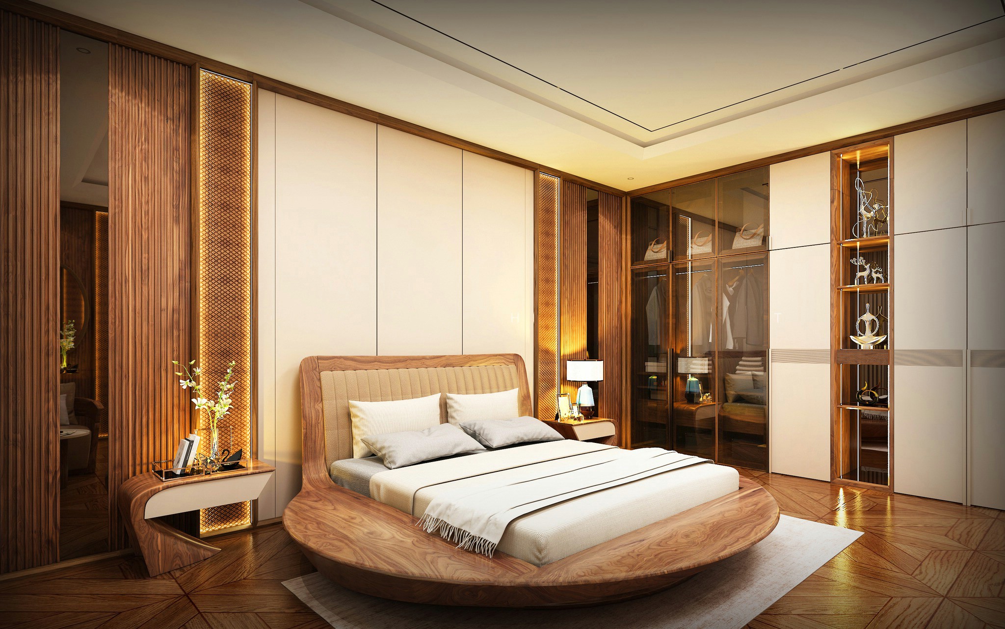 Nội thất phòng ngủ với giường tròn và tủ quần áo cánh kính khung gỗ Óc Chó
