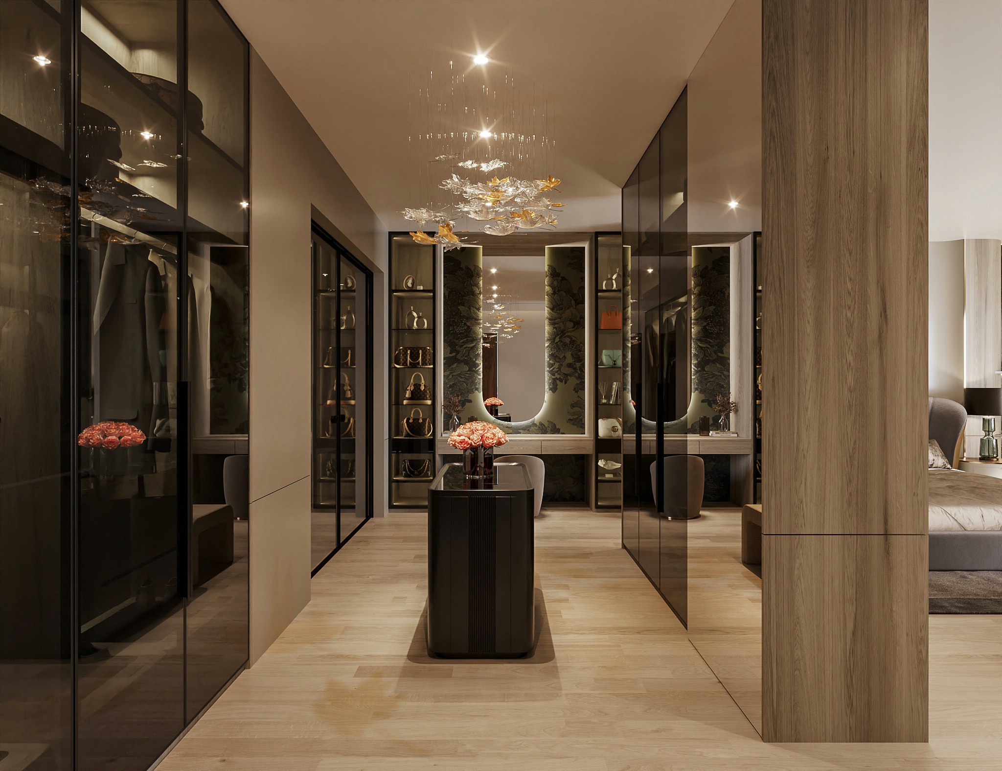 Nội thất phòng thay đồ với tủ quần áo kính đen mờ và tủ phụ kiện