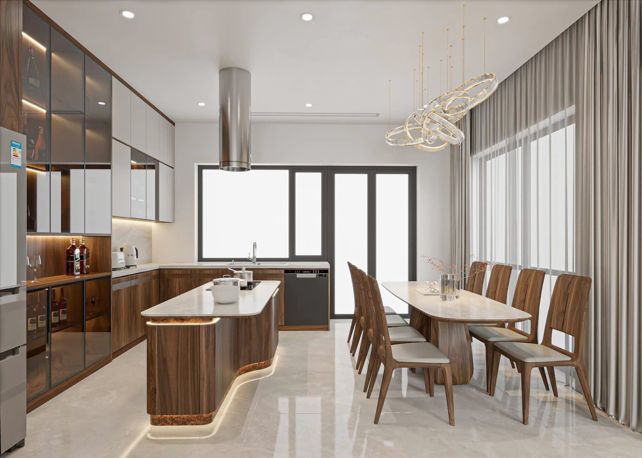 Phòng bếp ăn đẹp với bàn bar và bàn ăn đá trắng