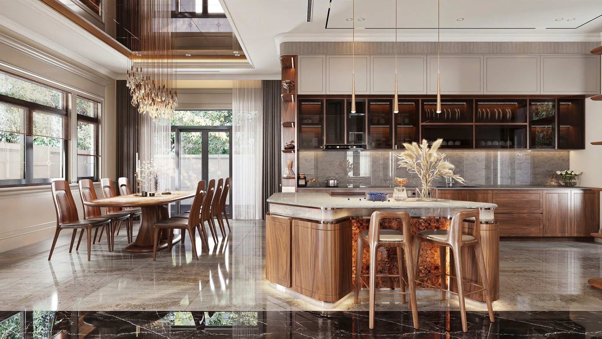 Phòng bếp biệt thự đẹp với bàn bar ceramic và tủ bếp acrylic trắng