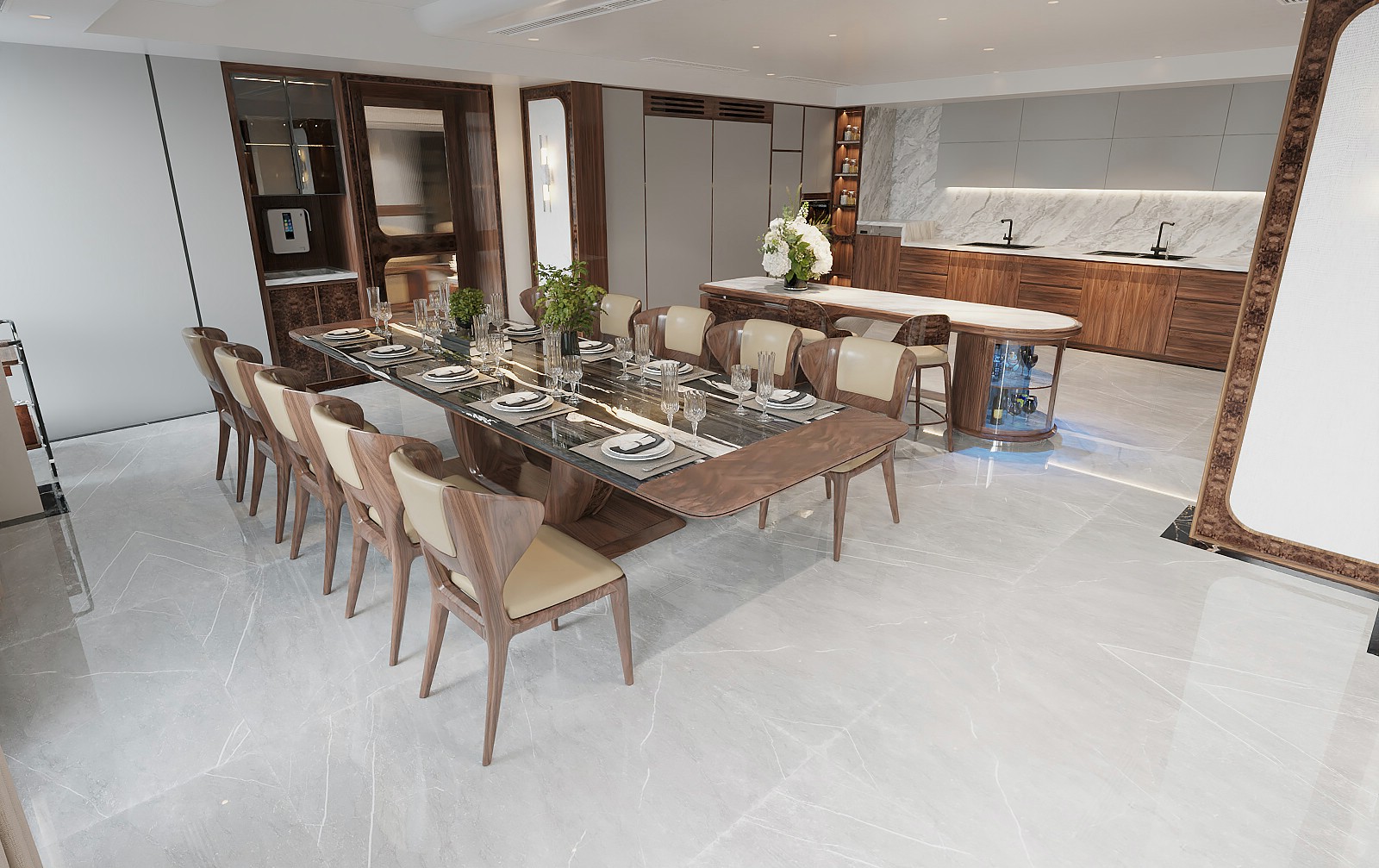 Phòng bếp biệt thự hiện đại với bàn ăn và bàn bar song song